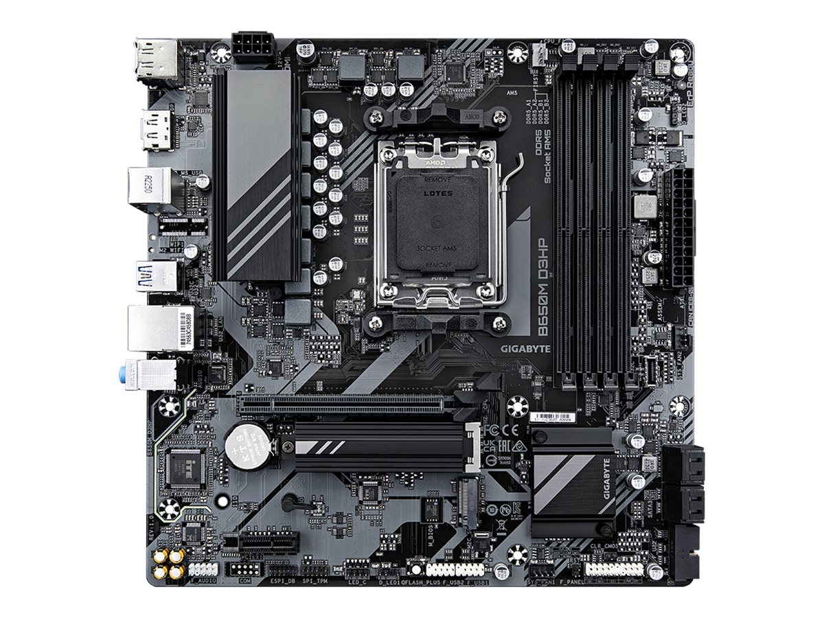 Gigabyte - B650M D3HP - Processor family AMD - Processor socket AM5 - DDR5 DIMM - Memory slots 1 - Supported hard disk drive interfaces SATA, M.2 - Number of SATA connectors 4 - Chipset AMD B650 - Micro ATX