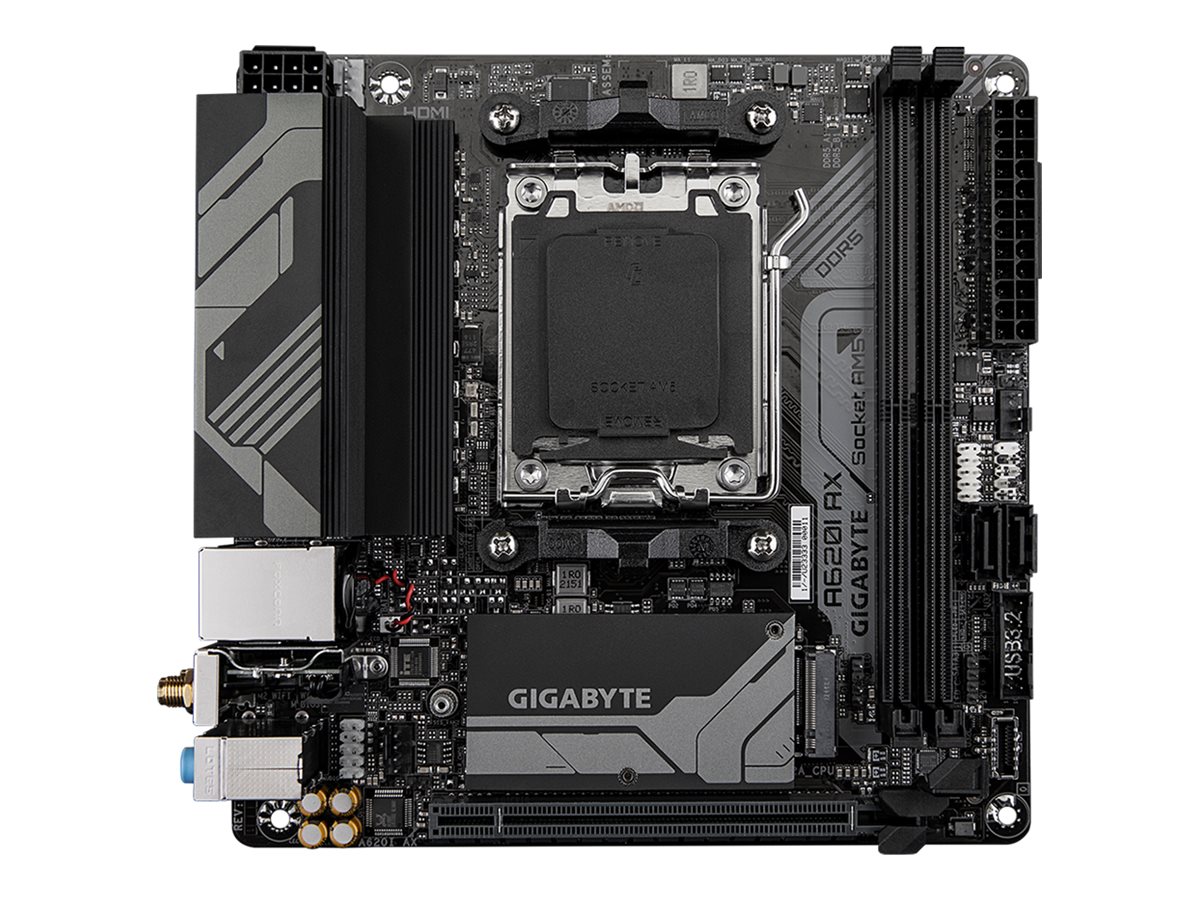 Gigabyte - A620I AX 1.0 - Processor family AMD - Processor socket AM5 - DDR5 DIMM - Supported hard disk drive interfaces SATA, M.2 - Number of SATA connectors 2