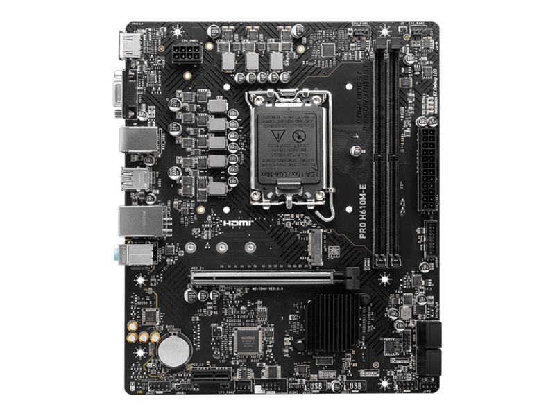 MSI - PRO H610M-E - Processor family Intel - Processor socket  LGA1700 - Supported hard disk drive interfaces SATA, M.2 - Number of SATA connectors 4