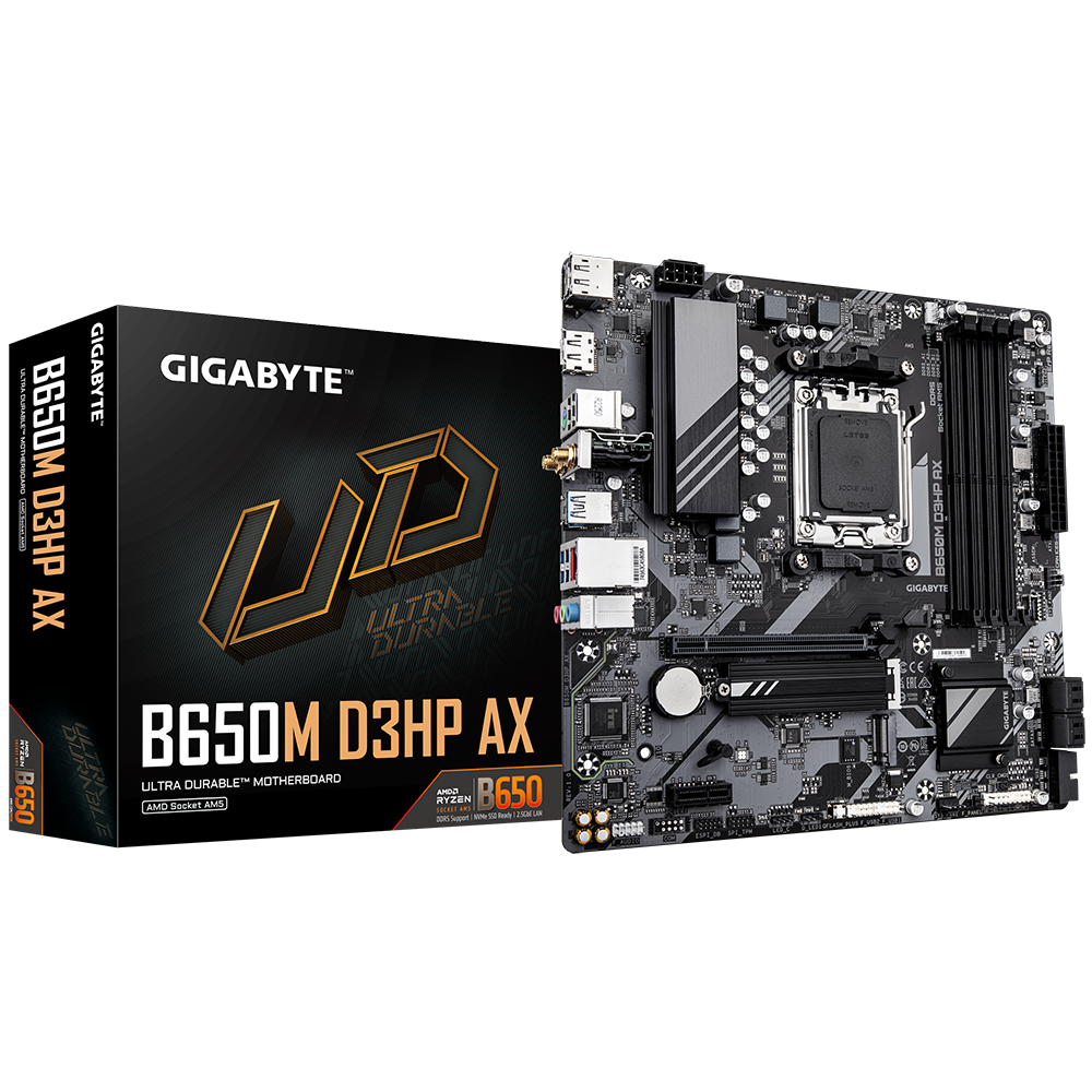 Gigabyte - B650M D3HP AX 1.0 M/B - Processor family AMD - Processor socket AM5 - DDR5 - Supported hard disk drive interfaces SATA, M.2 - Number of SATA connectors 4