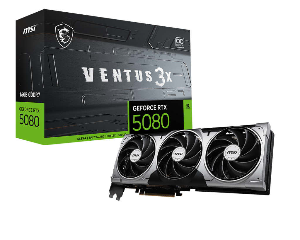 MSI GeForce RTX 5080 16G VENTUS 3X OC - NVIDIA - 16 GB - GeForce RTX 5080 - HDMI ports quantity 1 - PCI Express Gen 5 - Memory clock speed 2655 MHz