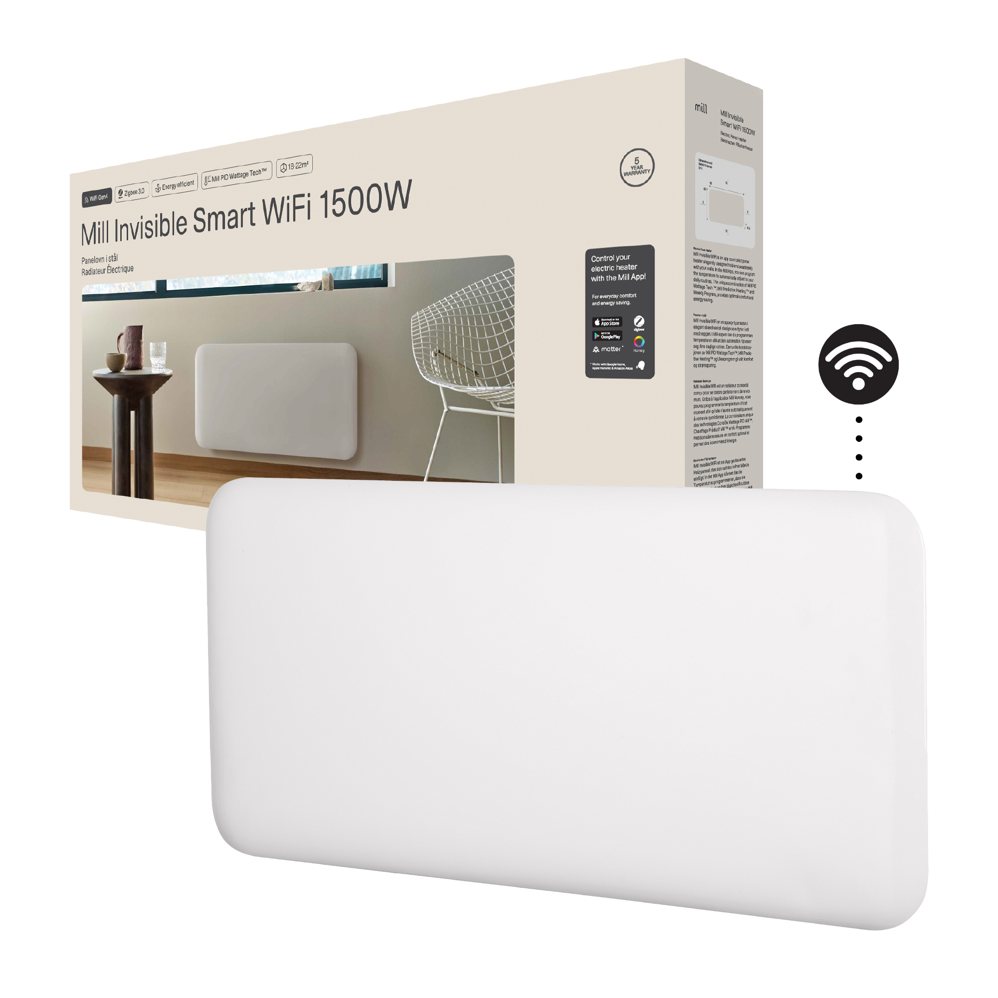 Mill Invisible Smart WiFi Heater - PA1500WIFI4 - Panel Heater - 1500 W - Suitable for rooms up to 18-22 m² - White - IPX4
