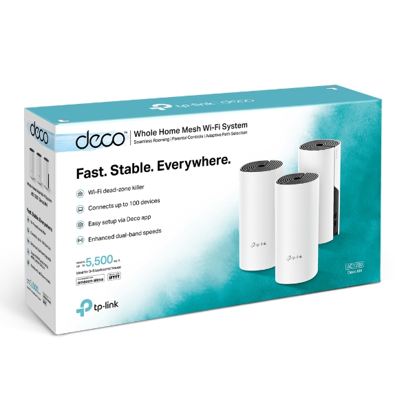 Whole Home Mesh WiFi System - Deco M4 (3-Pack) - 802.11ac - 300+867 Mbit/s - 10/100/1000 Mbit/s - Ethernet LAN (RJ-45) ports 2 - Mesh Support Yes - MU-MiMO Yes - No mobile broadband - Antenna type 2xInternal - No