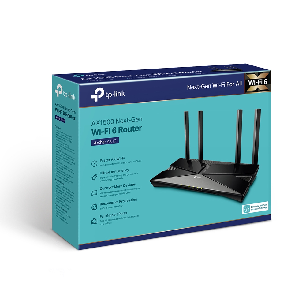 AX1500 Wi-Fi 6 Router - Archer AX10 - 802.11ax - 1201+300 Mbit/s - 10/100/1000 Mbit/s - Ethernet LAN (RJ-45) ports 4 - Mesh Support No - MU-MiMO Yes - No mobile broadband - Antenna type 4xExternal