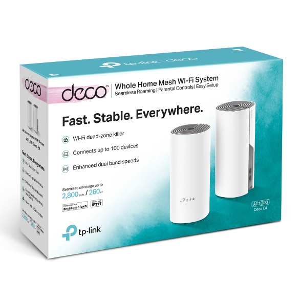 C1200 Whole Home Mesh Wi-Fi System - Deco E4 (2-pack) - 802.11ac - 867+300 Mbit/s - 10/100 Mbit/s - Ethernet LAN (RJ-45) ports 2 - Mesh Support Yes - MU-MiMO Yes - No mobile broadband - Antenna type 2xInternal
