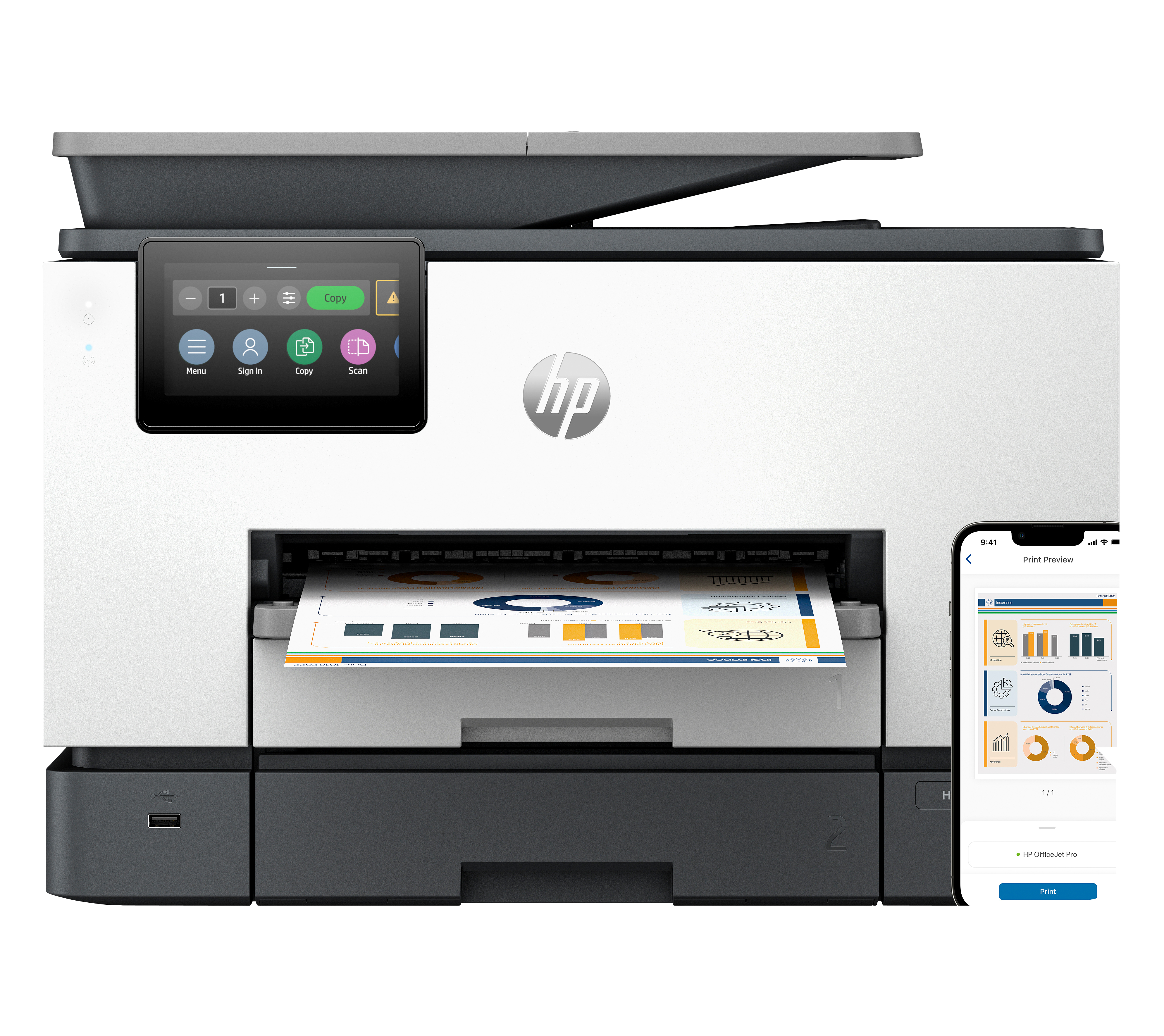 HP OfficeJet Pro 9130b AIO All-in-One Printer - A4 Color Ink, Print/Copy/Dual-Side Scan/Fax, Automatic Document Feeder, Auto-Duplex, Two Trays, LAN, WiFi, 25ppm, 2000 pages per month (replaces OfficeJet Pro 8730)