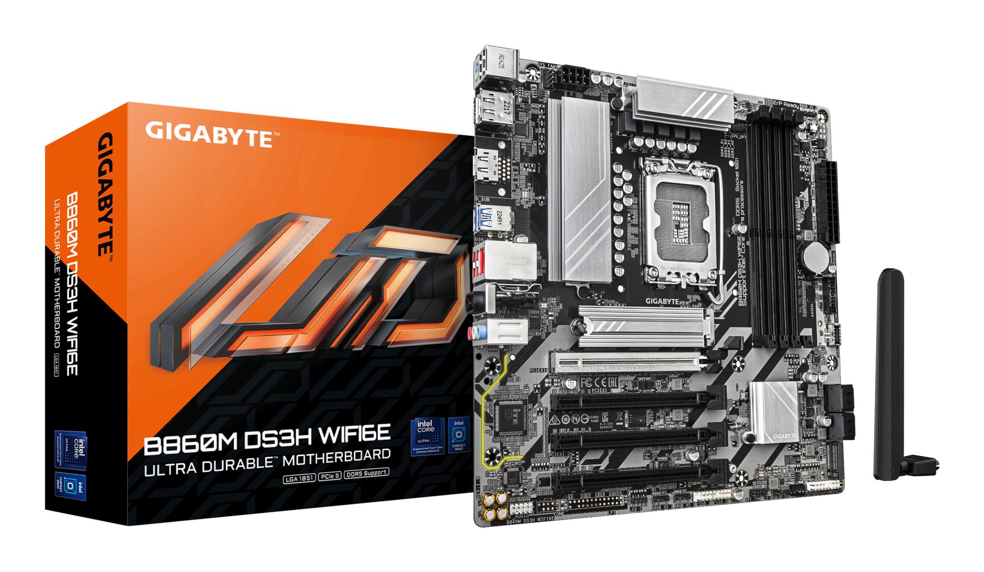 Mainboard|GIGABYTE|Intel B860 Express|LGA1851|Micro-ATX|Memory DDR5|Memory slots 4|4xPCI-Express 4.0 16x|1xPCI-Express 5.0 16x|2xM.2|1xHDMI|2xDisplayPort|1xAudio-In|1xAudio-Out|1xMicrophone|3xUSB 2.0|1xUSB-C|1xPS/2|1xRJ45|B860MDS3HWIFI6E1.0