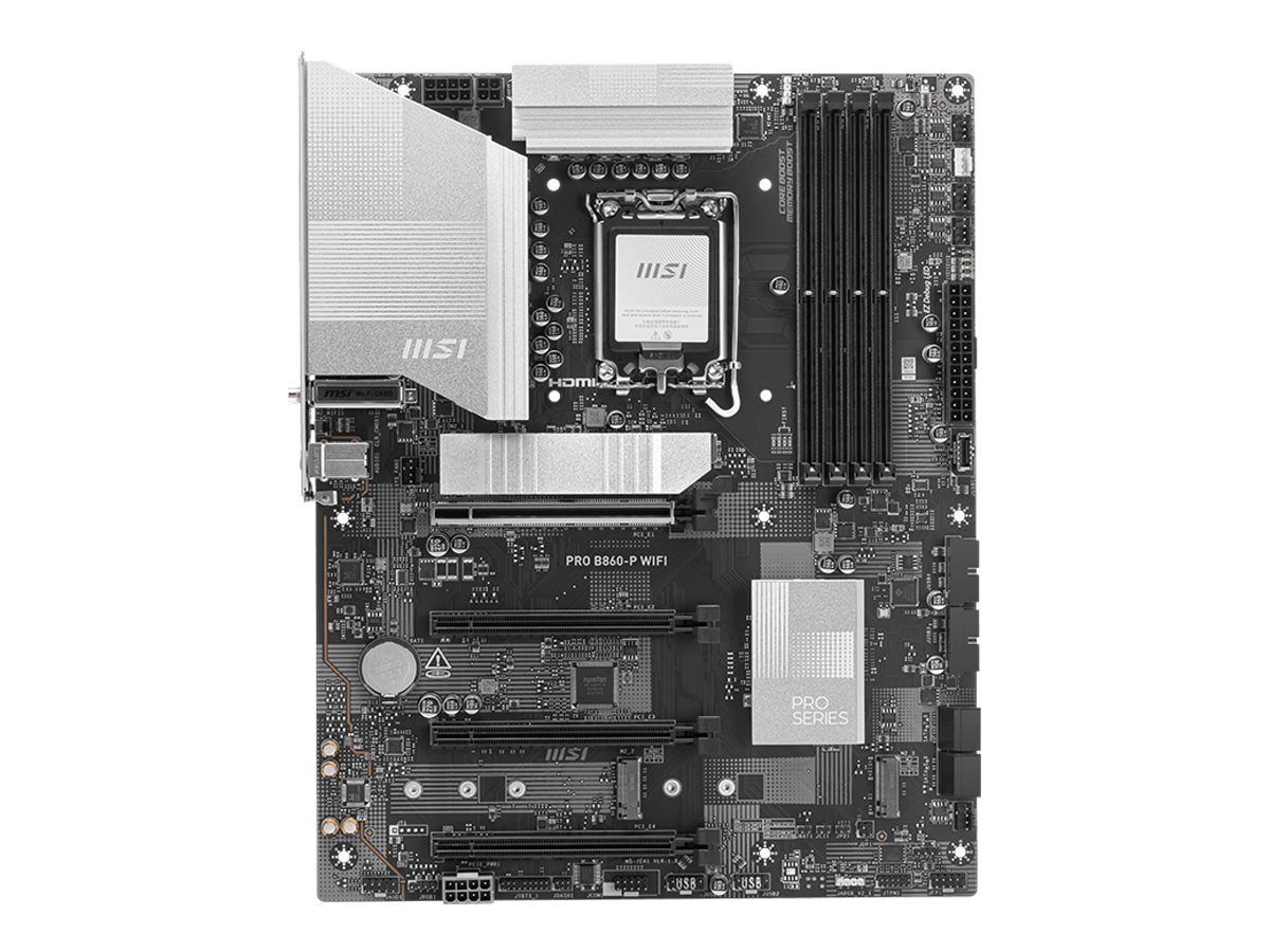 MSI PRO B860-P WIFI - Processor family Intel - Processor socket LGA1851 - DDR5 - Supported hard disk drive interfaces SATA, M.2 - Number of SATA connectors 4