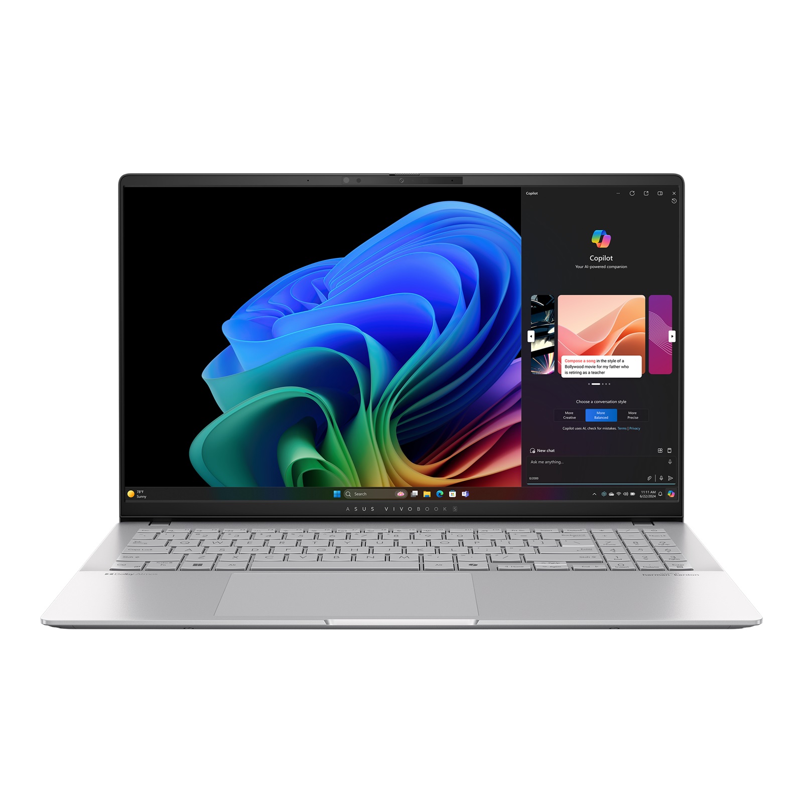 Asus Vivobook S S5507QA-MA112W - Cool Silver - 15.6 " - OLED - 3K - 120 Hz - 2880 x 1620 pixels - Glossy - Snapdragon X Elite - X1E 78 100 - 32 GB - LPDDR5X - Solid-state drive capacity 1000 GB - Qualcomm Adreno GPU - Windows 11 Home - 802.11be - Bluetoot