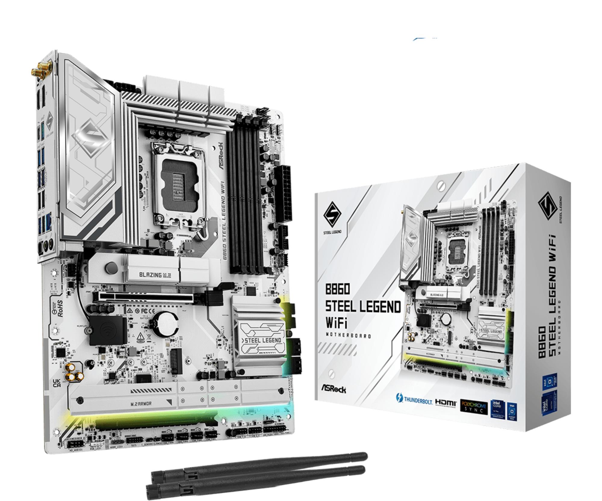 Mainboard|ASROCK|Intel B860 Express|LGA1851|ATX|Memory DDR5|Memory slots 4|1xPCI-Express 4.0 16x|1xPCI-Express 5.0 16x|1xM.2|1xHDMI|1xDisplayPort|1xAudio-Out|1xMicrophone|3xUSB 2.0|6xUSB 3.2|1xUSB-C w/Thunderbolt|1xOptical S/PDIF|1xRJ45|B860STEELLEGENDWIF