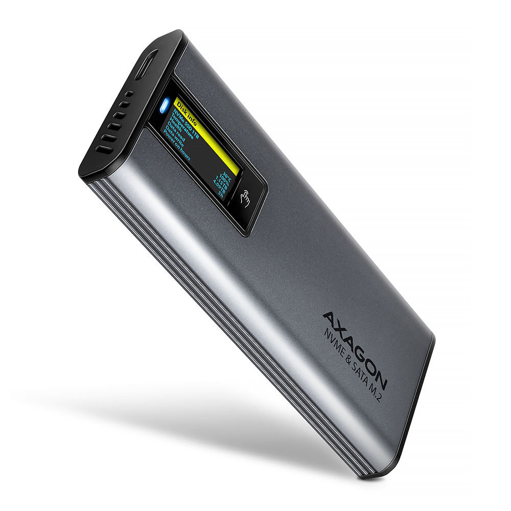 AXAGON External USB-C 10Gbps metal box with info display for M.2 NVMe and SATA SSD - EEM2-SD2