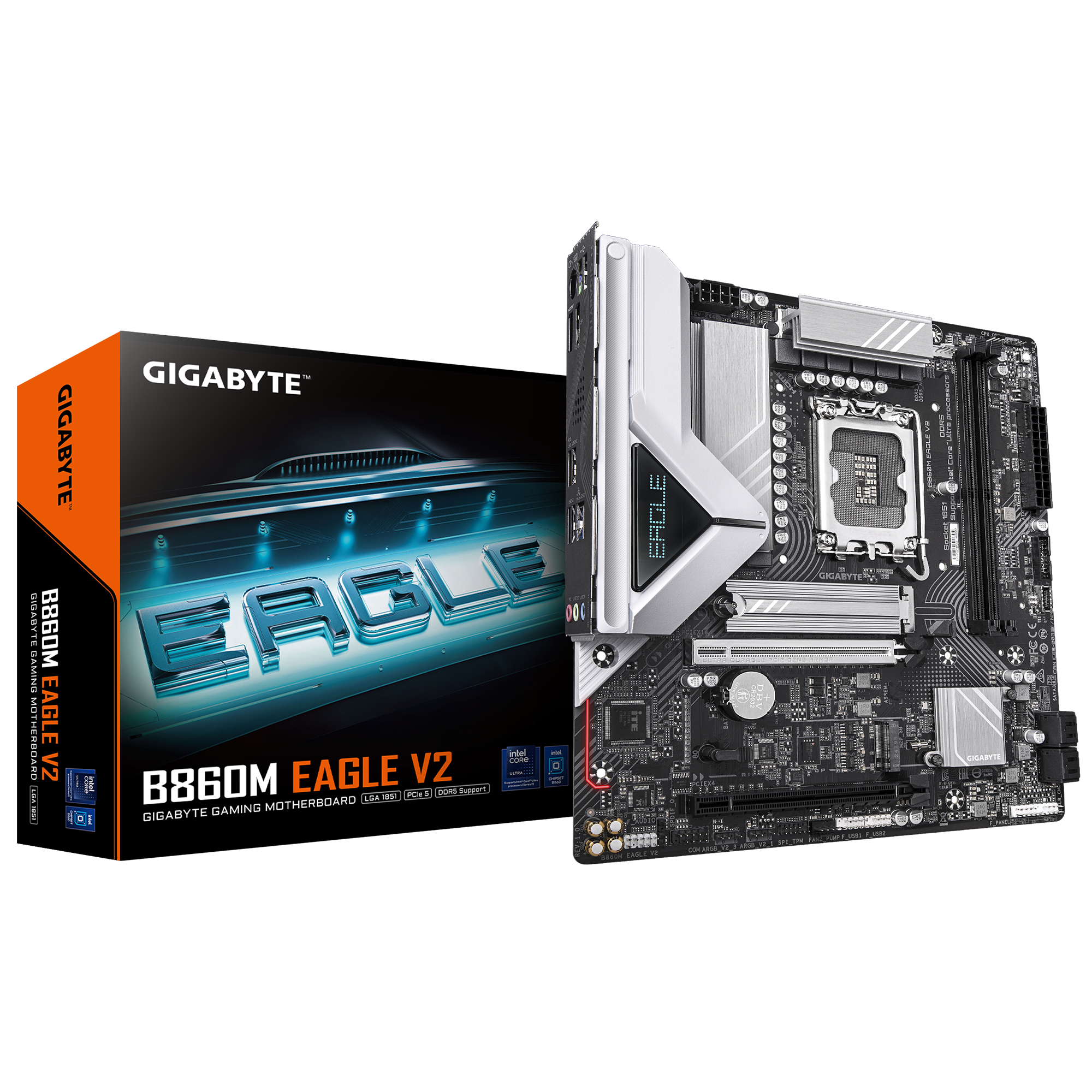 Gigabyte B860M EAGLE V2 - Processor family Intel - Processor socket LGA1851 - DDR5 - Supported hard disk drive interfaces SATA, M.2 - Number of SATA connectors 4