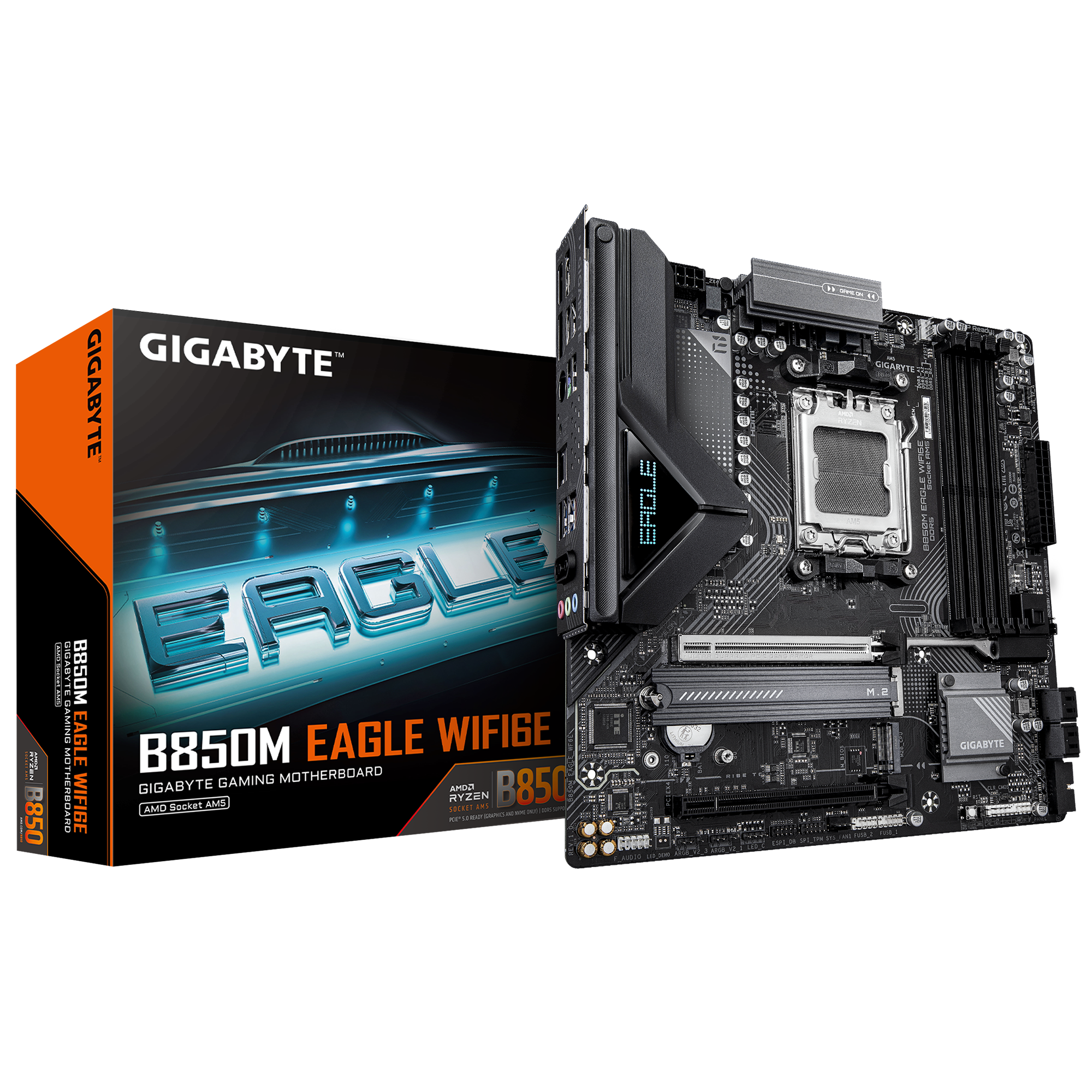 Gigabyte B850M EAGLE WF6E - Processor family AMD - Processor socket AM5 - DDR5 - Supported hard disk drive interfaces SATA, M.2 - Number of SATA connectors 4