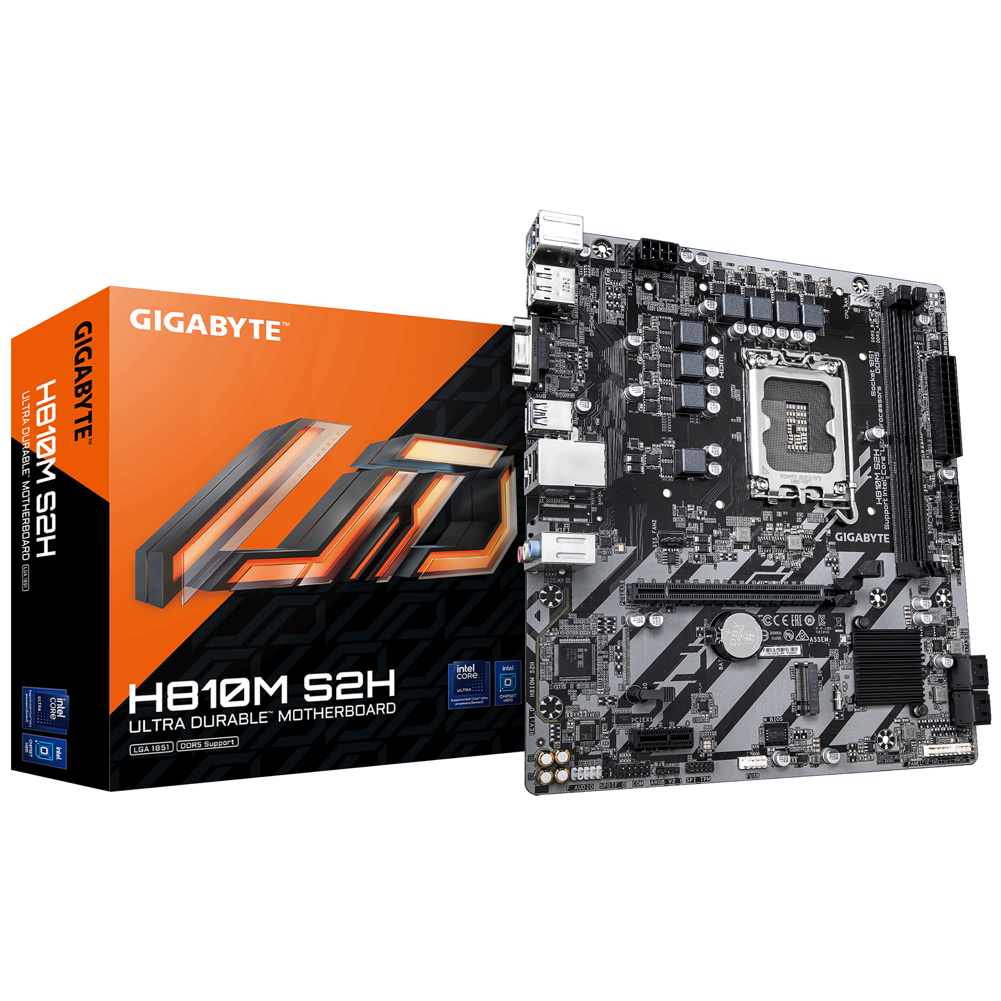 Gigabyte H810M S2H - Processor family Intel - Processor socket LGA1851 - DDR5 - Supported hard disk drive interfaces M.2, SATA - Number of SATA connectors 4