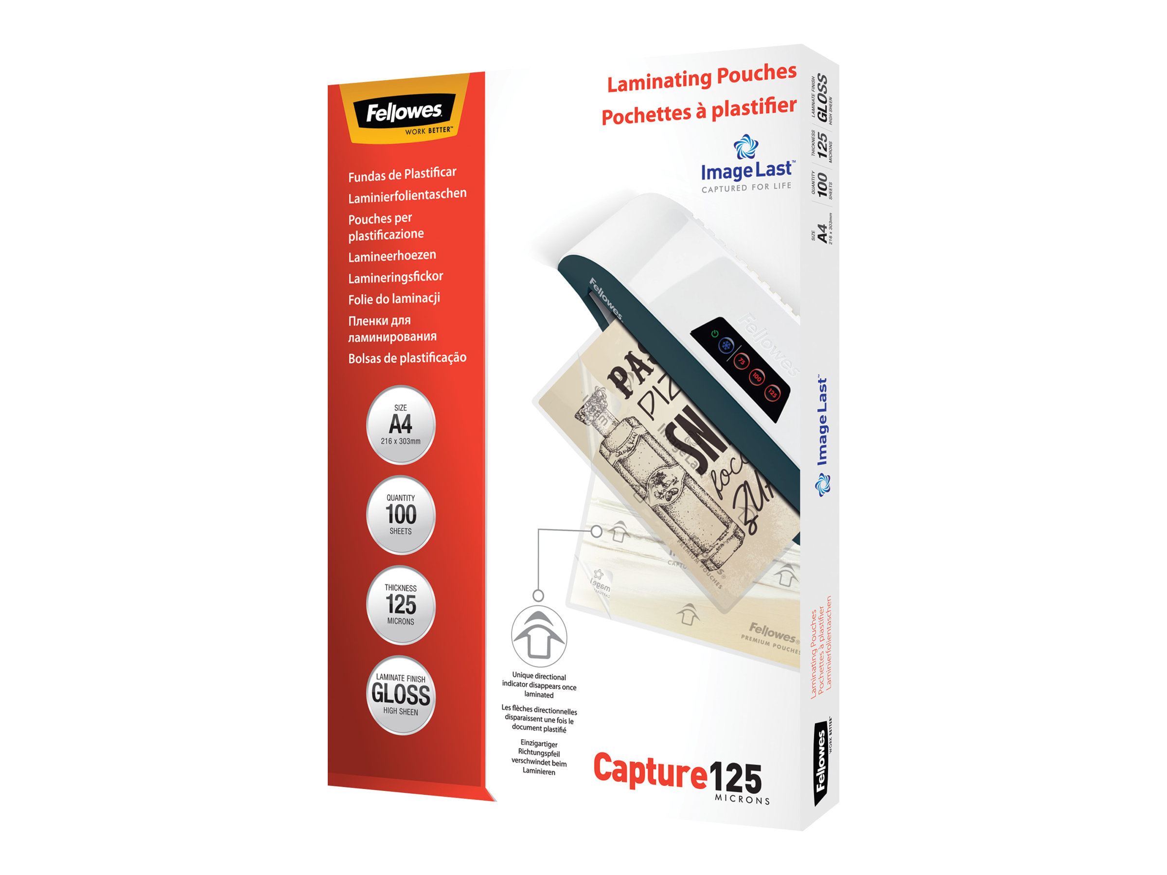 Fellowes - Laminating Pouch PREMIUM - A4 - Glossy - Thickness: 125 micron, Qty Per Pack: 100 pcs; Ideal for notices, craft materials, signage and frequently handled documents; Compatible with all laminator brands