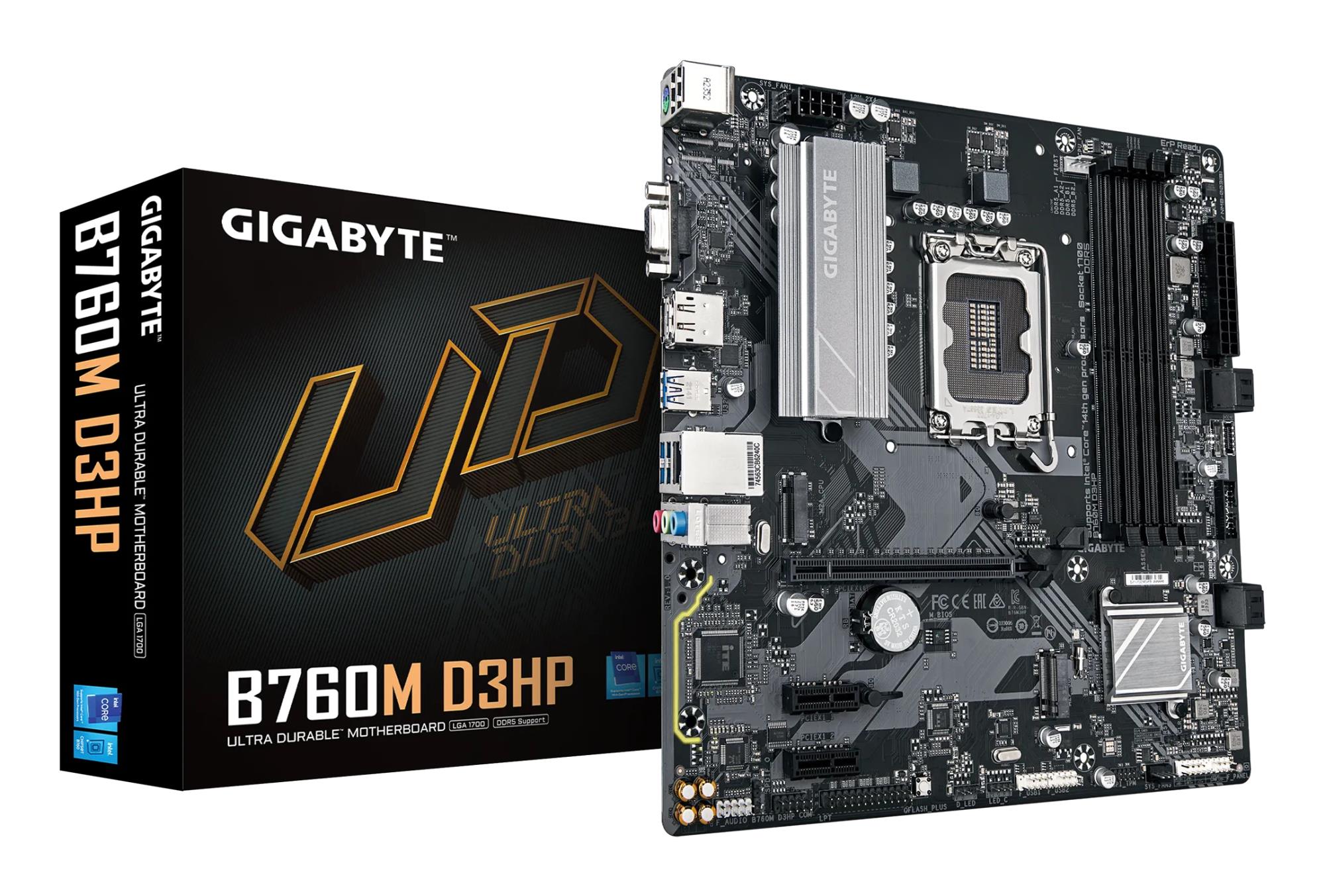 Mainboard|GIGABYTE|Intel B760 Express|LGA1700|Micro-ATX|Memory DDR5|Memory slots 4|2xPCI-Express 3.0 1x|1xPCI-Express 4.0 16x|2xM.2|1x15pin D-sub|1xHDMI|1xDisplayPort|2xUSB 2.0|5xUSB 3.2|1xUSB-C|1xPS/2|1xRJ45|3xAudio port|B760MD3HP1.0