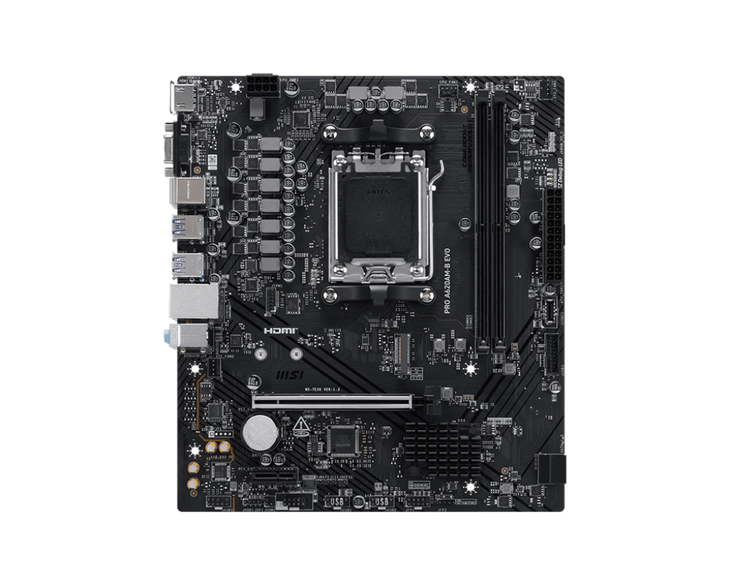 MSI PRO A620AM-B EVO - Processor family AMD - Processor socket AM5 - DDR5 - Supported hard disk drive interfaces SATA, M.2 - Number of SATA connectors 2