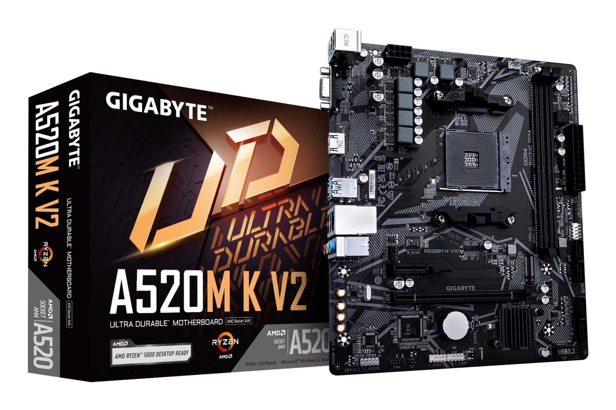 Mainboard|GIGABYTE|AMD A520|SAM4|Micro-ATX|Memory DDR4|Memory slots 2|1xPCI-Express 3.0 1x|1xPCI-Express 3.0 16x|1xM.2|1x15pin D-sub|1xHDMI|2xUSB 2.0|4xUSB 3.2|1xPS/2|1xRJ45|3xAudio port|A520MKV21.1