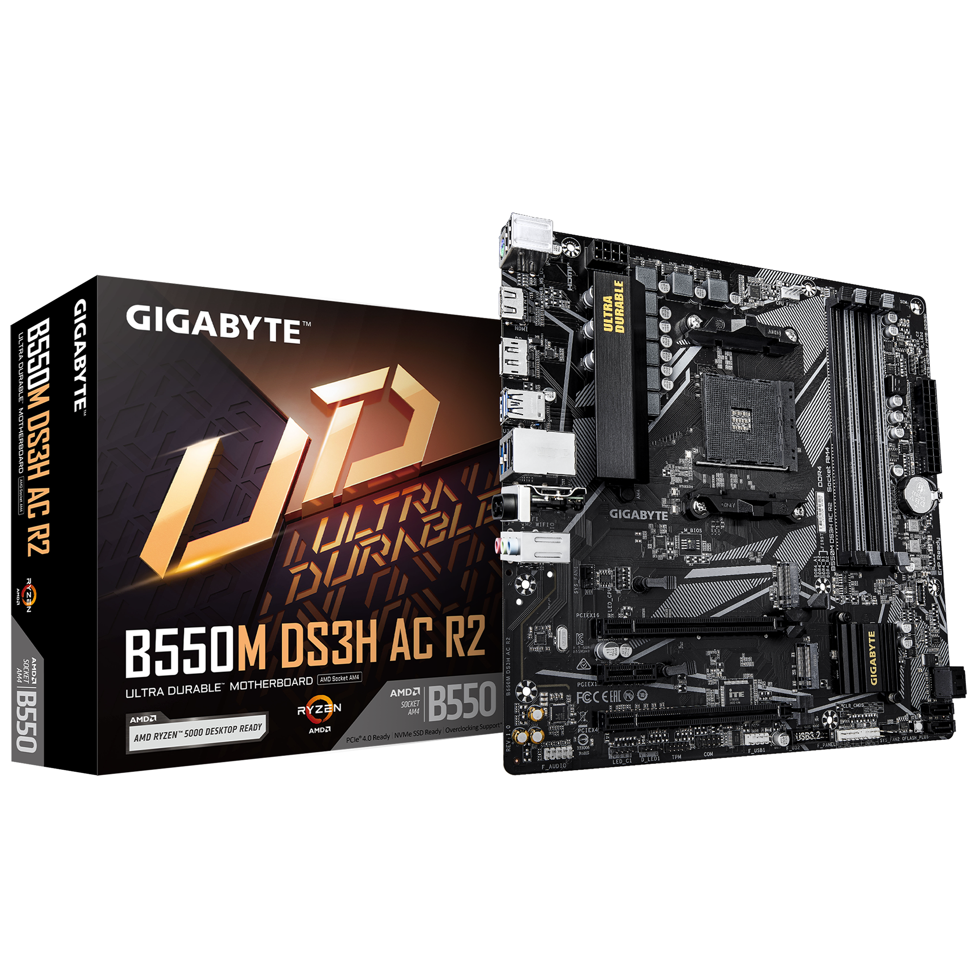Gigabyte B550M DS3H AC R2 - Processor family AMD - Processor socket AM4 - DDR4 DIMM - Supported hard disk drive interfaces SATA, M.2 - Number of SATA connectors 4