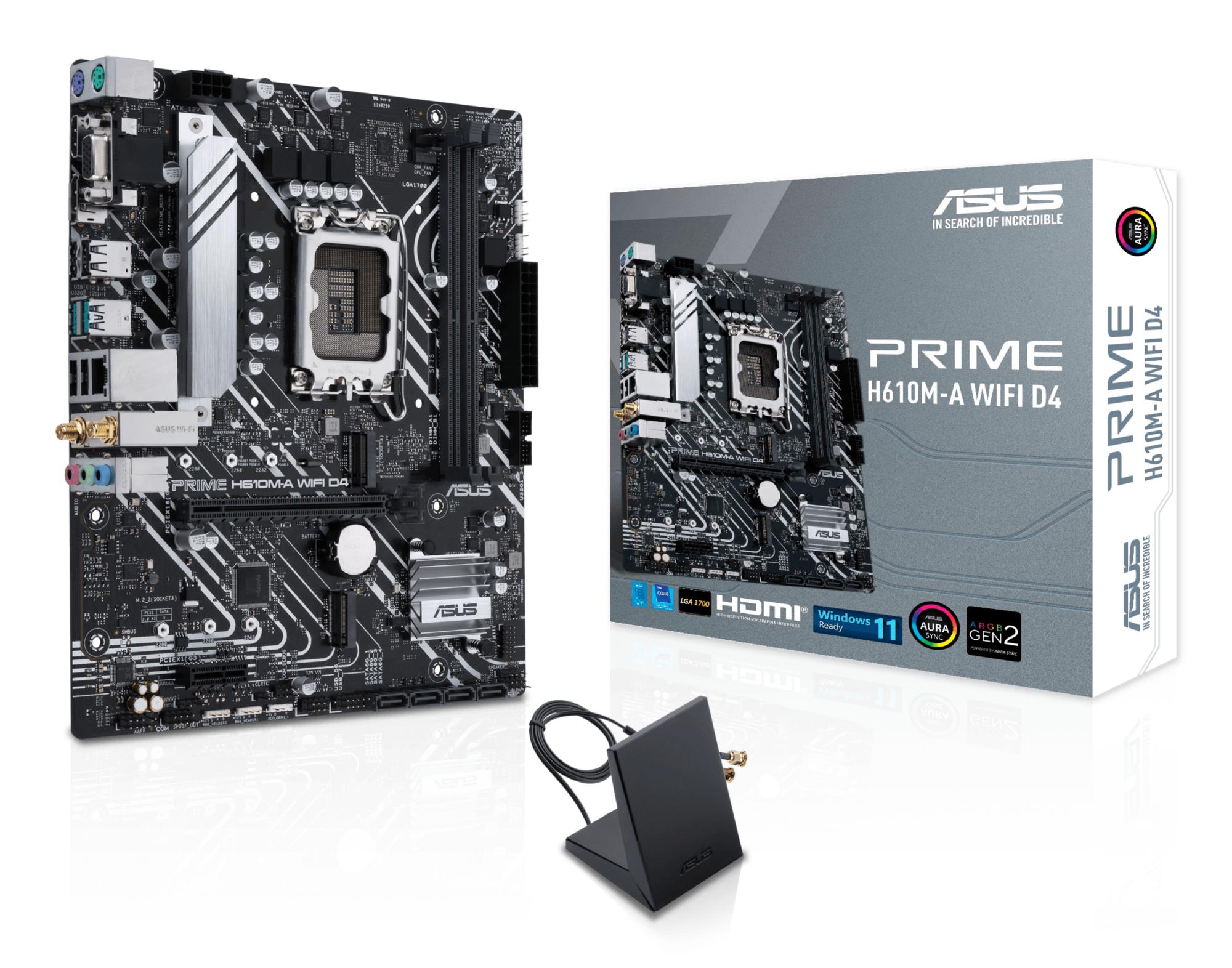 Mainboard|ASUS|Intel H610|LGA1700|Micro-ATX|Memory DDR4|Memory slots 2|1xPCI-Express 3.0 1x|1xPCI-Express 4.0 16x|2xM.2|1x15pin D-sub|1xHDMI|1xDisplayPort|2xAudio-In|1xAudio-Out|4xUSB 2.0|2xUSB 3.2|2xPS/2|1xRJ45|2xRF-Out|H610M-AWIFID4