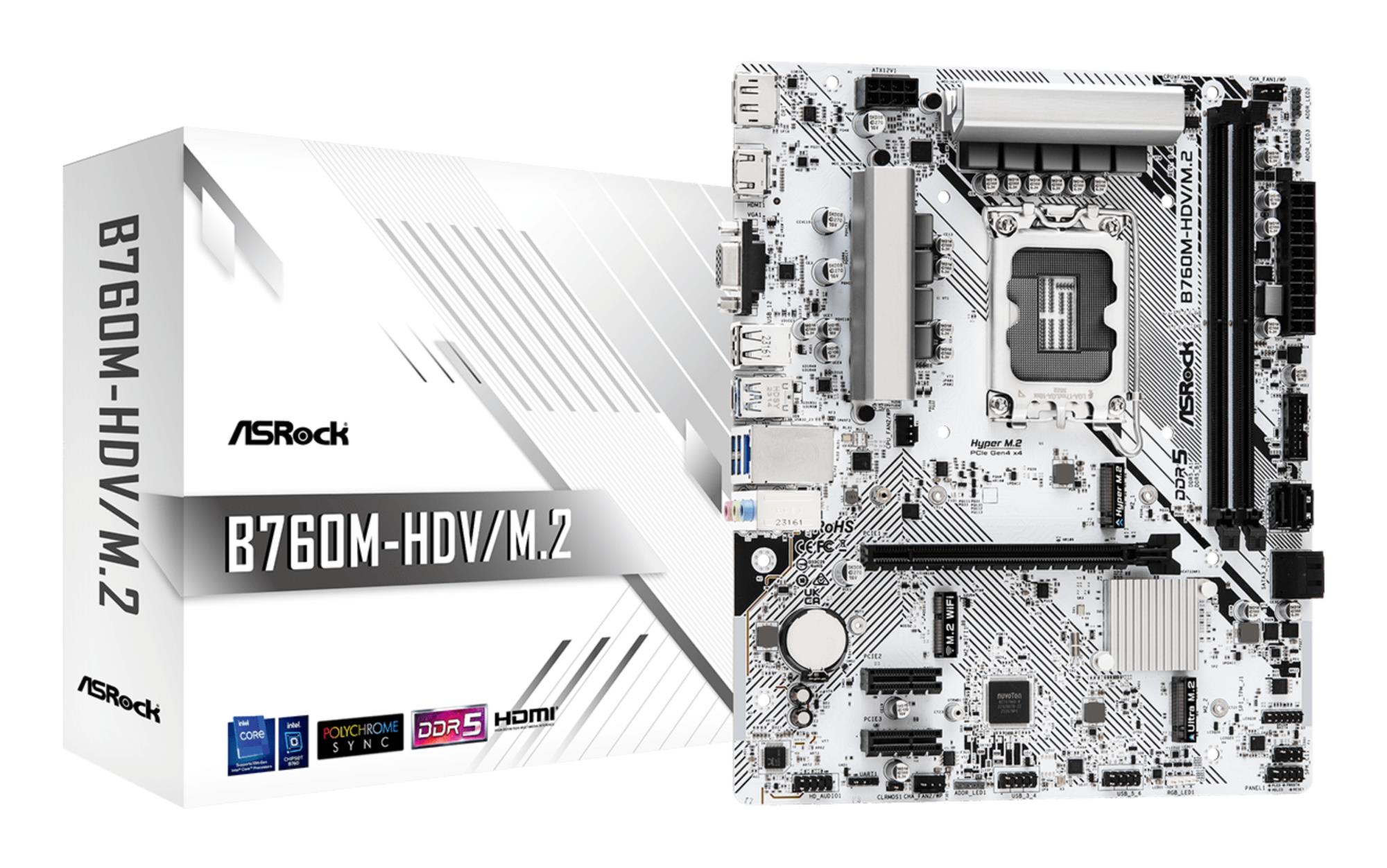 Mainboard|ASROCK|Intel B760 Express|LGA1700|Micro-ATX|Memory DDR5|Memory slots 2|2xPCI-Express 3.0 1x|1xPCI-Express 4.0 16x|1xM.2|1x15pin D-sub|1xHDMI|1xDisplayPort|1xAV-In|1xAV-out|1xMicrophone|2xUSB 2.0|3xUSB 3.2|1xUSB-C|1xRJ45|B760M-HDV/M.2