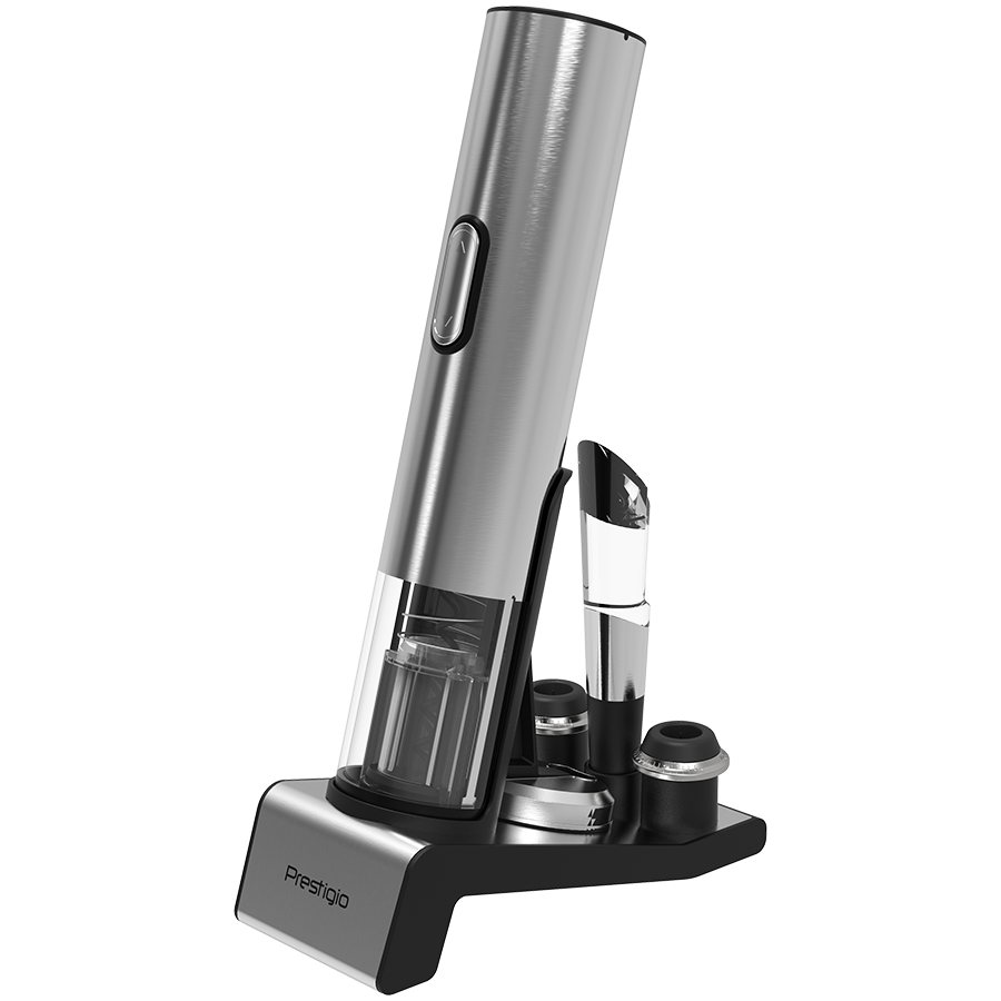 Prestigio Garda, smart wine opener, simple operation with 2 buttons, aerator, vacuum stopper preserver, foil cutter, opens up to 50 bottles wihout recharging, premium design, 500mAh battery, Dimensions D 17mm* H 290mm* W100 mm, silver color.