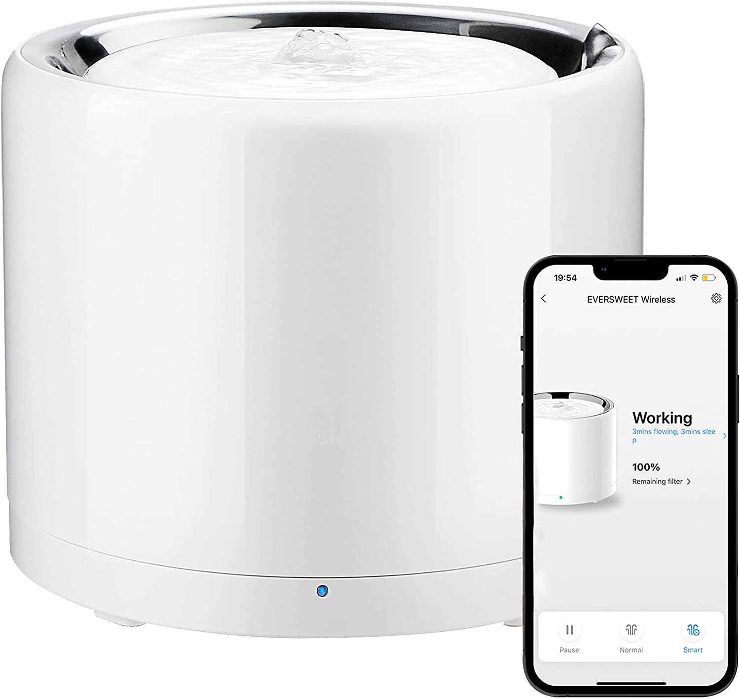 PETKIT - Smart Pet Drinking Fountain - Eversweet 3 Pro (Wireless Pump) - Capacity 1.8 L - Filtering - Material Stainless Steel, ABS - White