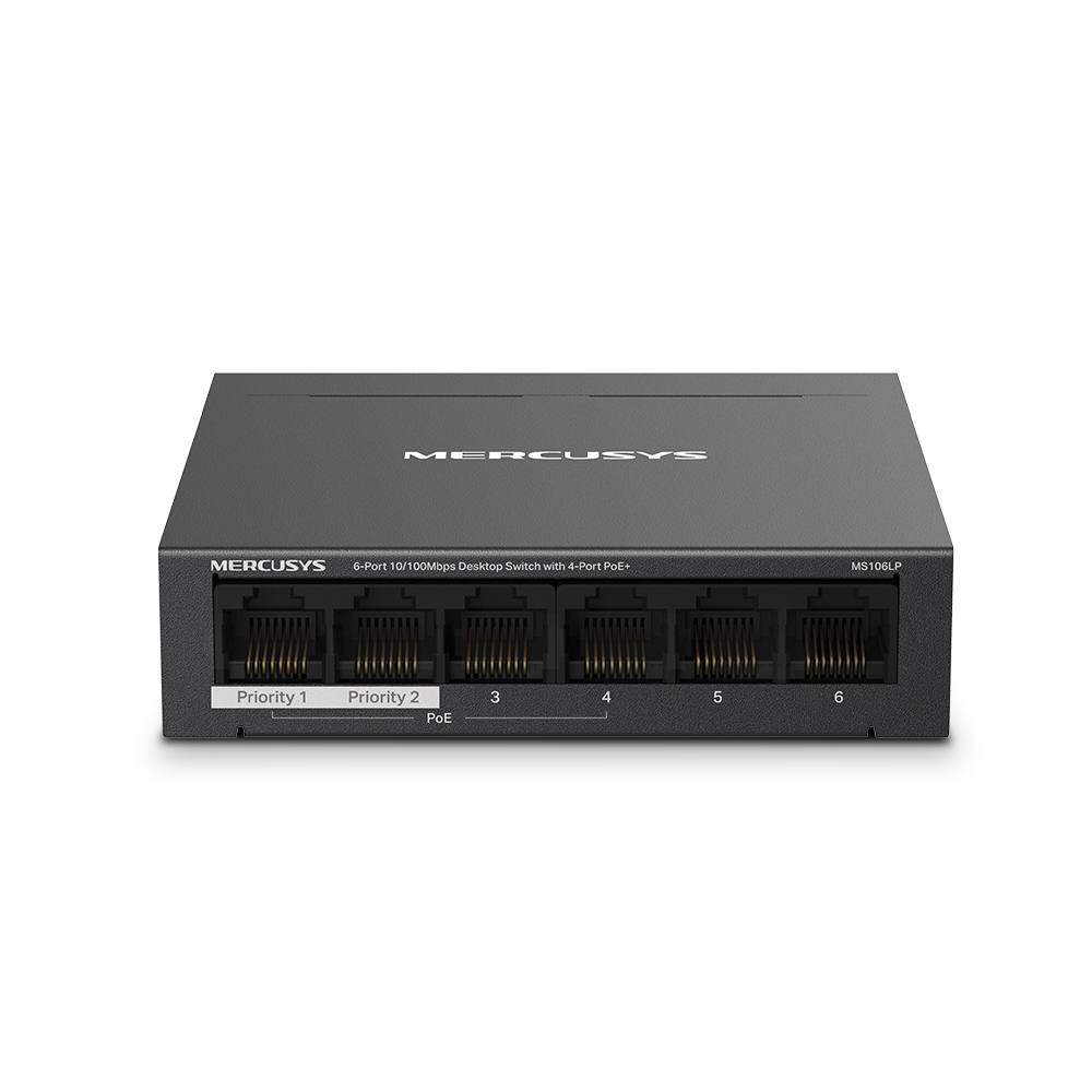 MS106LP - Mercusys 6-Port 10/100 Mbps Desktop Switch with 4-Port PoE+ - Desktop - 10/100 Mbps (RJ-45) ports quantity 6