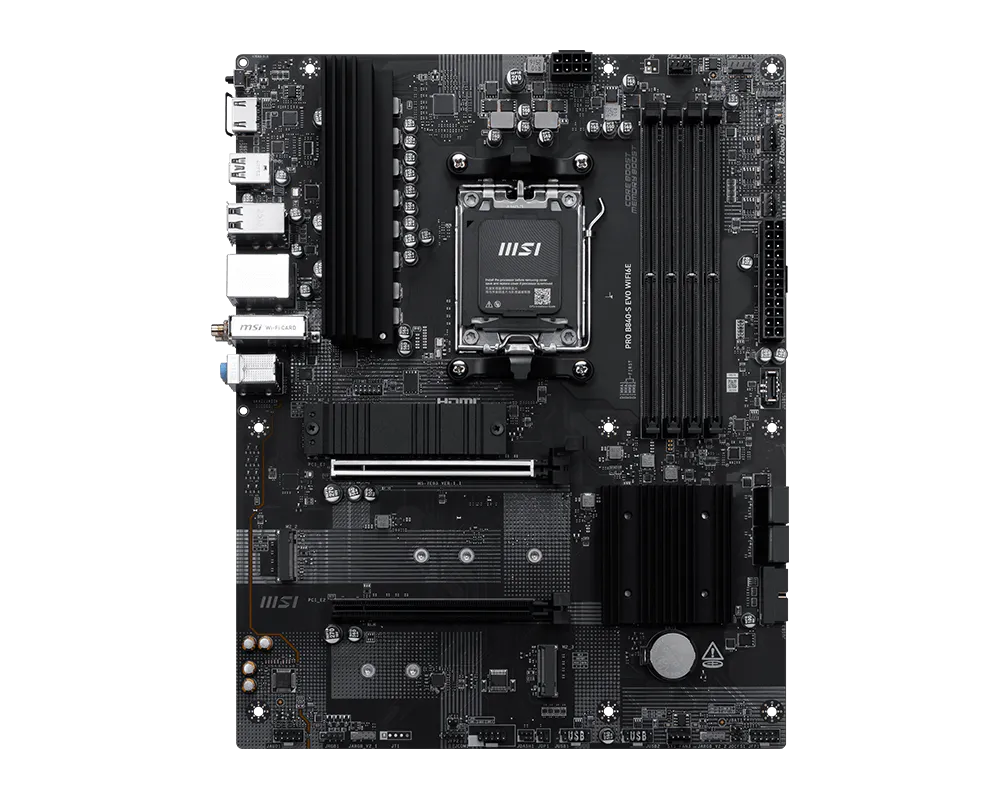 PRO B840-S EVO WIFI6E - MSI Processor family AMD - Processor socket AM5 - Supported hard disk drive interfaces SATA, M.2 - Number of SATA connectors 4