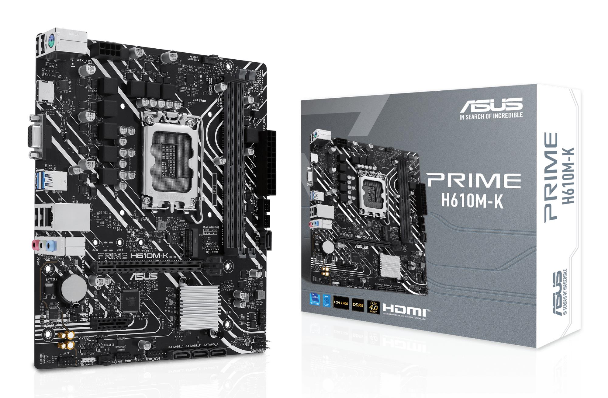 Mainboard|ASUS|Intel H610|LGA1700|Micro-ATX|Memory DDR5|Memory slots 2|1xPCI-Express 3.0 1x|1xPCI-Express 4.0 16x|1xM.2|1x15pin D-sub|1xHDMI|4xUSB 2.0|2xUSB 3.2|1xPS/2|1xRJ45|3xAudio port|PRIMEH610M-K