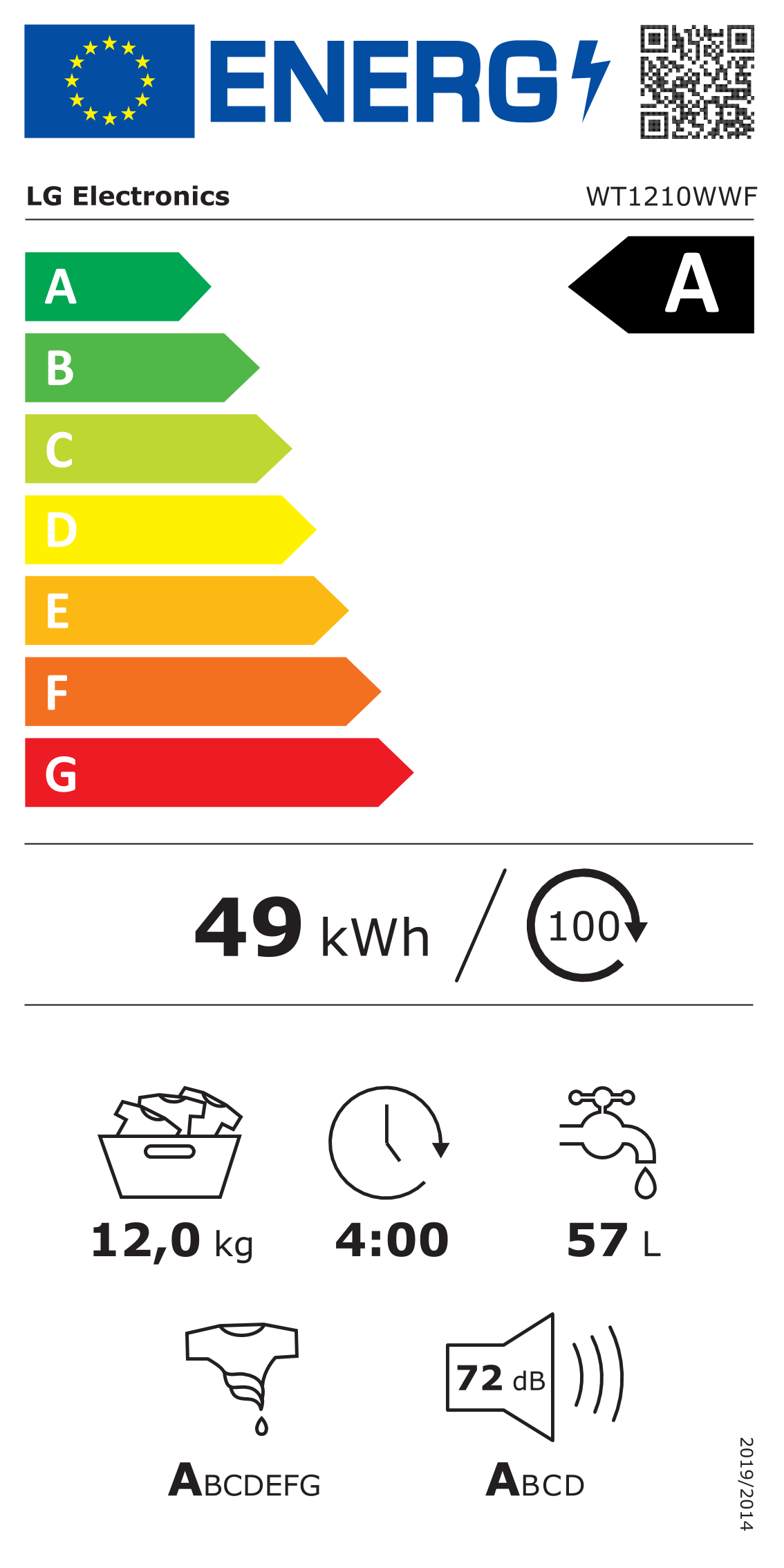 LG WT1210WWF Washing machine with dryer, A, Front loading, Washing capacity 12 kg, Drying capacity 12 kg, Depth 66cm,1400 RPM, White - LG