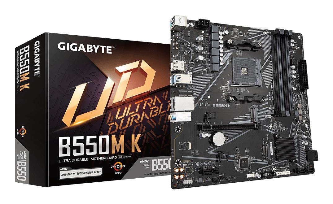 Mainboard|GIGABYTE|AMD B550|SAM4|Micro-ATX|Memory DDR4|Memory slots 4|1xPCI-Express 3.0 1x|1xPCI-Express 4.0 16x|2xM.2|1xHDMI|1xDisplayPort|2xAudio-In|1xAudio-Out|4xUSB 2.0|4xUSB 3.2|1xPS/2|1xRJ45|B550MK