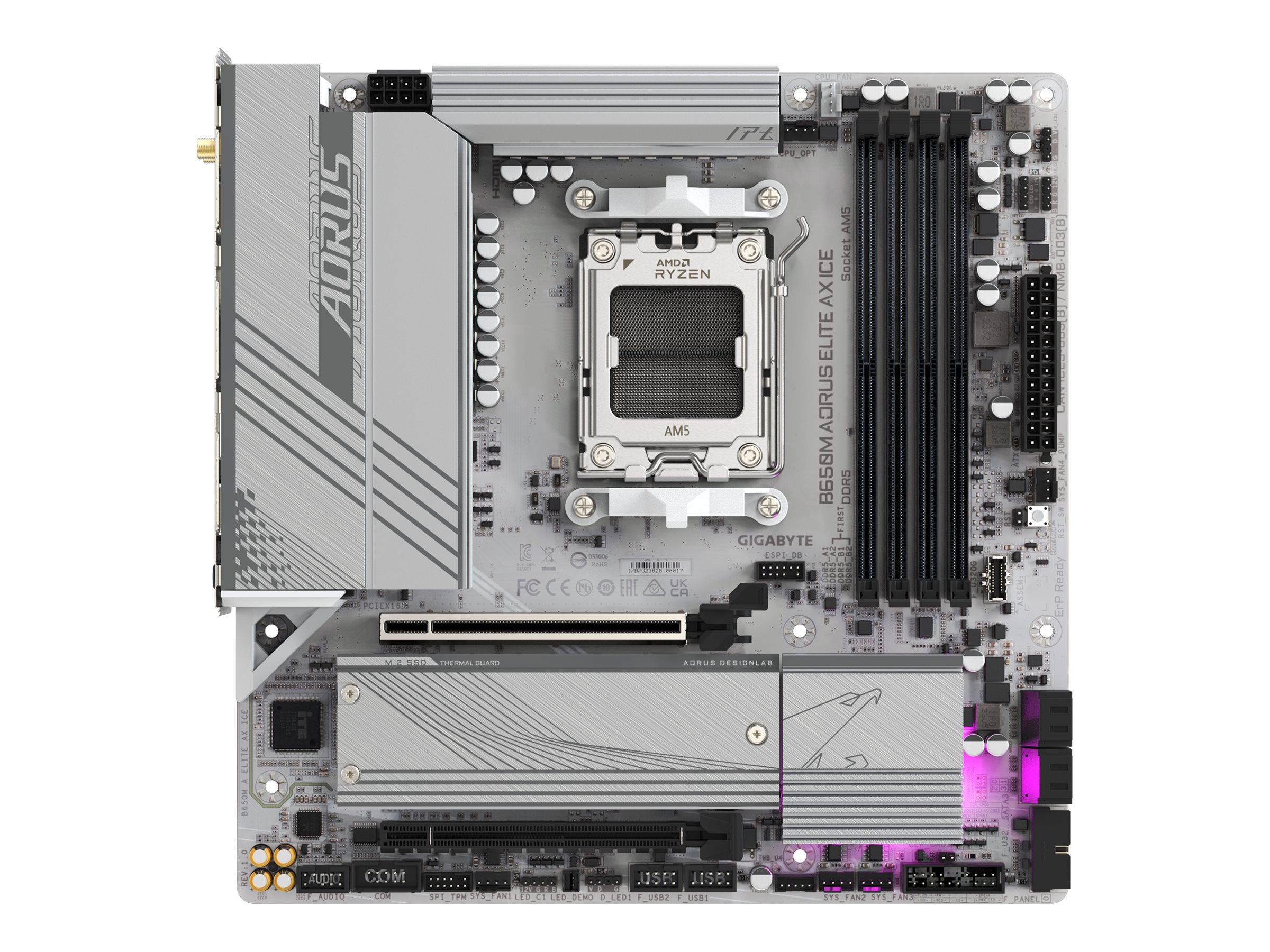 Gigabyte - B650M A ELITE AX ICE - Processor family AMD - Processor socket AM5 - DDR5 - Supported hard disk drive interfaces SATA, M.2 - Number of SATA connectors 4
