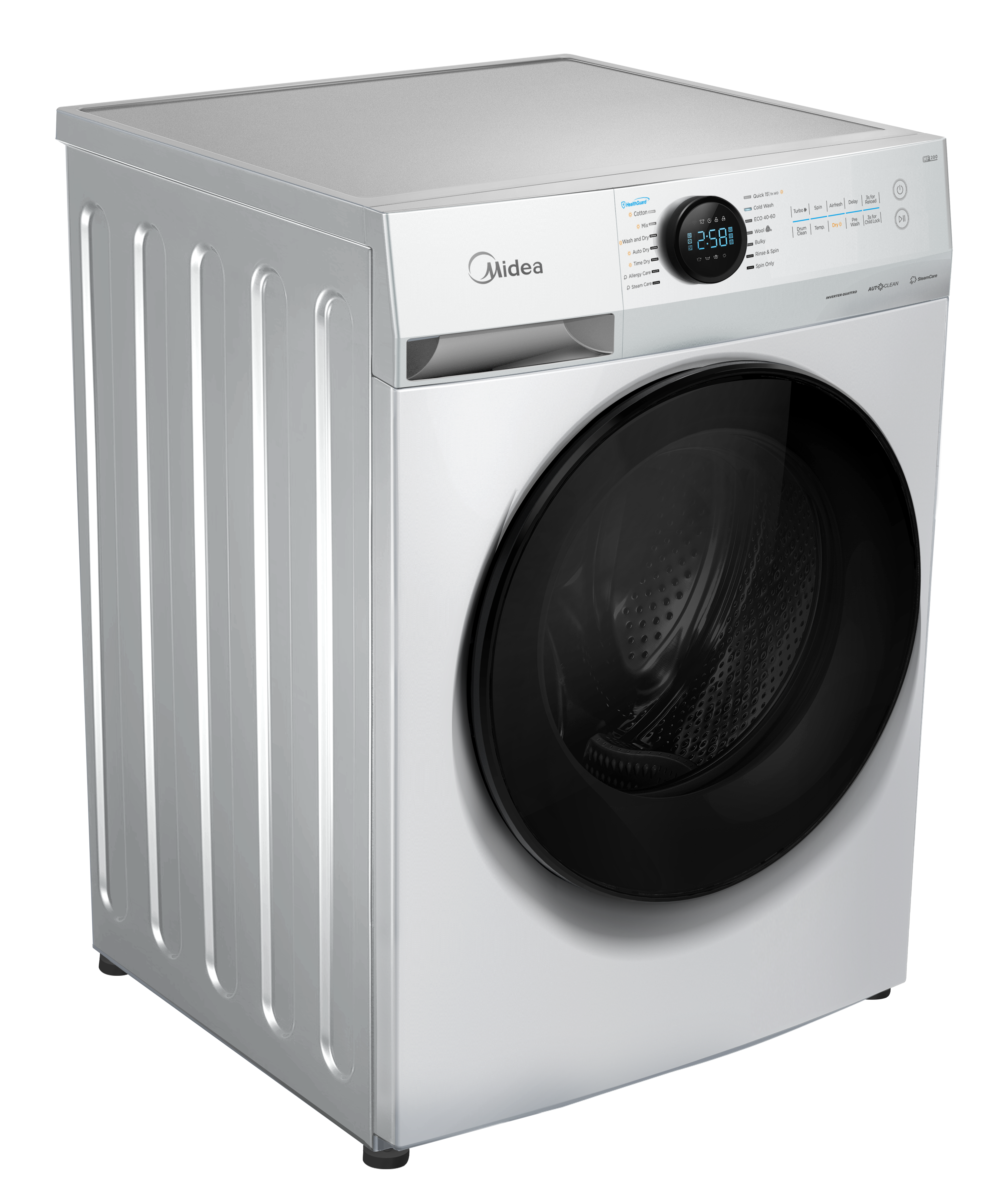 Midea Washing machine with dryer - MF200D80WB/1/W-HR - Energy efficiency class A/D - Front loading - Washing capacity 8 kg - 1400 RPM - Depth 48 cm - Width 60 cm - Display - LED - Drying system - Drying capacity 6 kg - Steam function - White