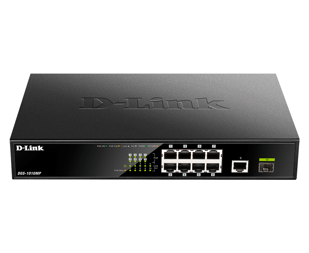 D-Link - 10 Gigabit port Switch with PoE - DGS-1010MP - Unmanaged - Desktop / Rackmount - Gigabit Ethernet (copper) ports quantity 1 - SFP ports quantity 1 - Power over Ethernet (PoE) ports quantity 8