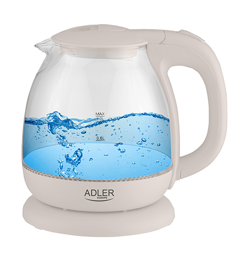 Adler - Kettle - AD 1283C - Electric - 900 W - 1 L - Glass - 360° rotational base - Cream