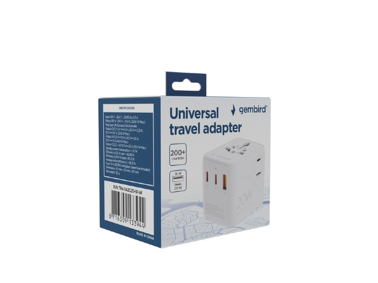 Gembird Universal travel power adapter - TPA-1A2C20-01-W - 20 W - Travel Adapter