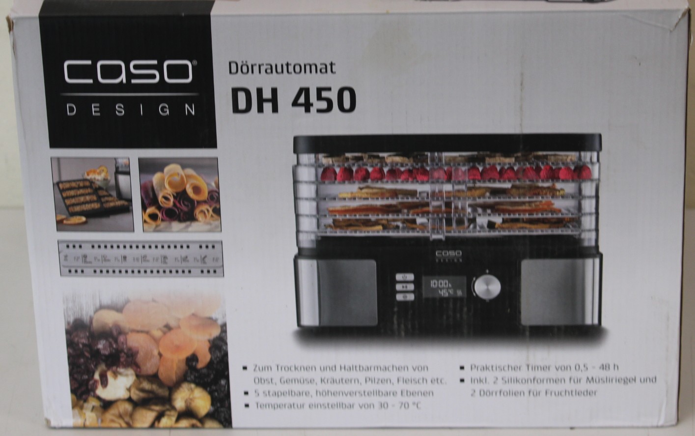 SALE OUT. Caso Food Dehydrator - DH 450 - Power 370-450 W - Number of trays 5 - Temperature control - Integrated timer - Black/Stainless Steel - DAMAGED PACKAGING, SCRATCHED  AND DENT ITEM TOP, MISSING INNER PACKAGING