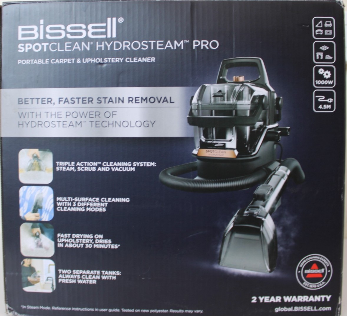 SALE OUT. Bissell SpotClean HydroSteam Pro - Bissell Portable Carpet and Upholstery Cleaner - SpotClean HydroSteam Pro - Corded operating - Washing function - 1000 W - Black - 24 month(s) - DAMAGED PACKAGING, USED AND SCRATCHED