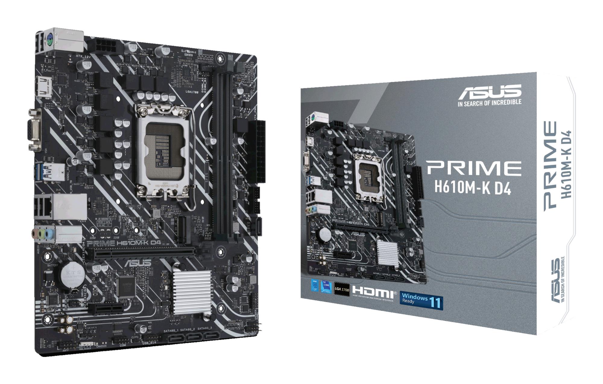 Mainboard|ASUS|Intel H610|LGA1700|MicroATX|Memory DDR4|Memory slots 2|1xPCI-Express 3.0 1x|1xPCI-Express 4.0 16x|1xM.2|1x15pin D-sub|1xHDMI|2xAudio-In|1xAudio-Out|4xUSB 2.0|2xUSB 3.2|1xPS/2|1xRJ45|PRIMEH610M-KD4