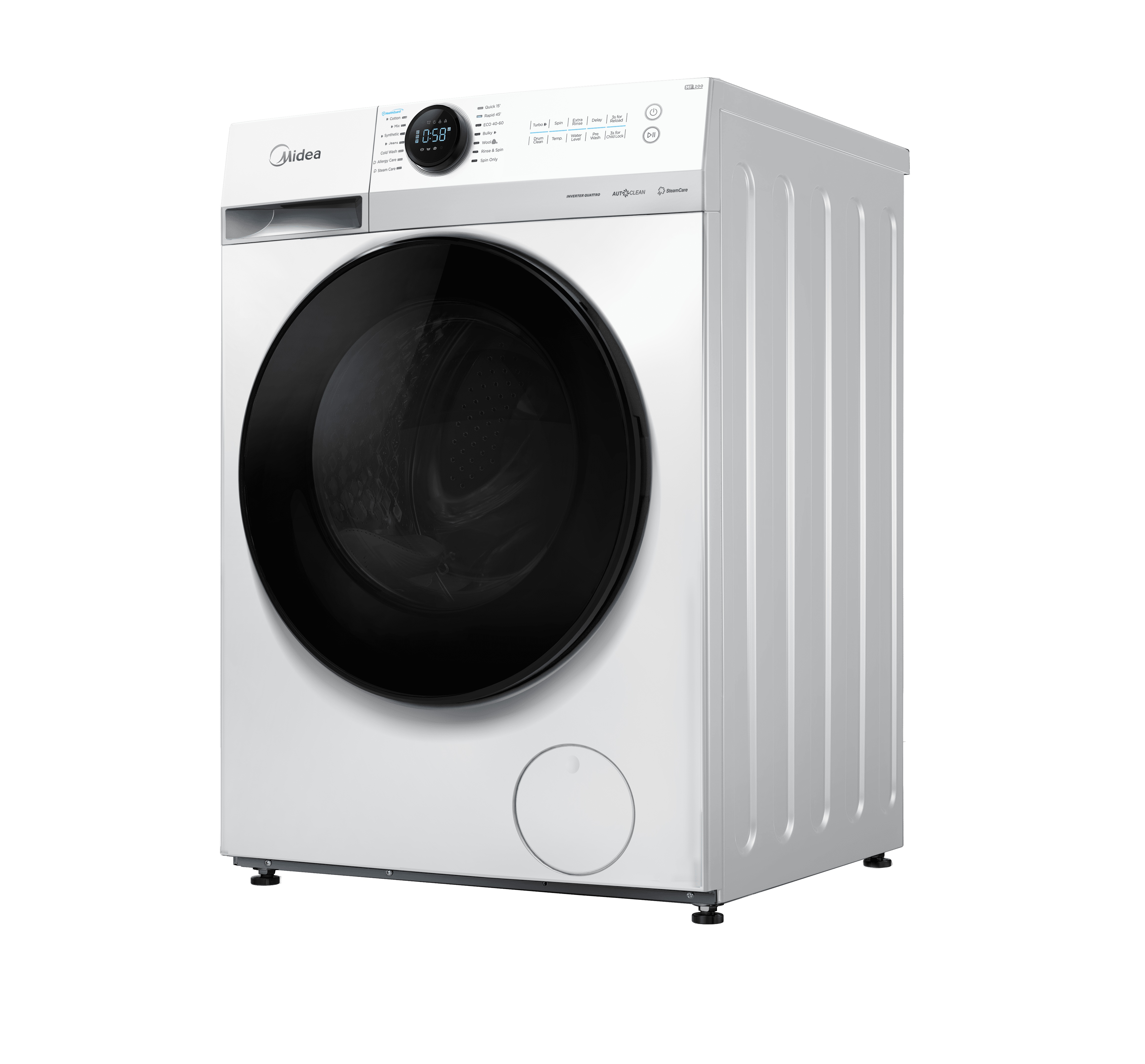 Midea - Washing Machine - MF200W80WB/W-HR - Energy efficiency class A - Front loading - Washing capacity 8 kg - 1400 RPM - Depth 48 cm - Width 60 cm - Display - LCD - Steam function - White