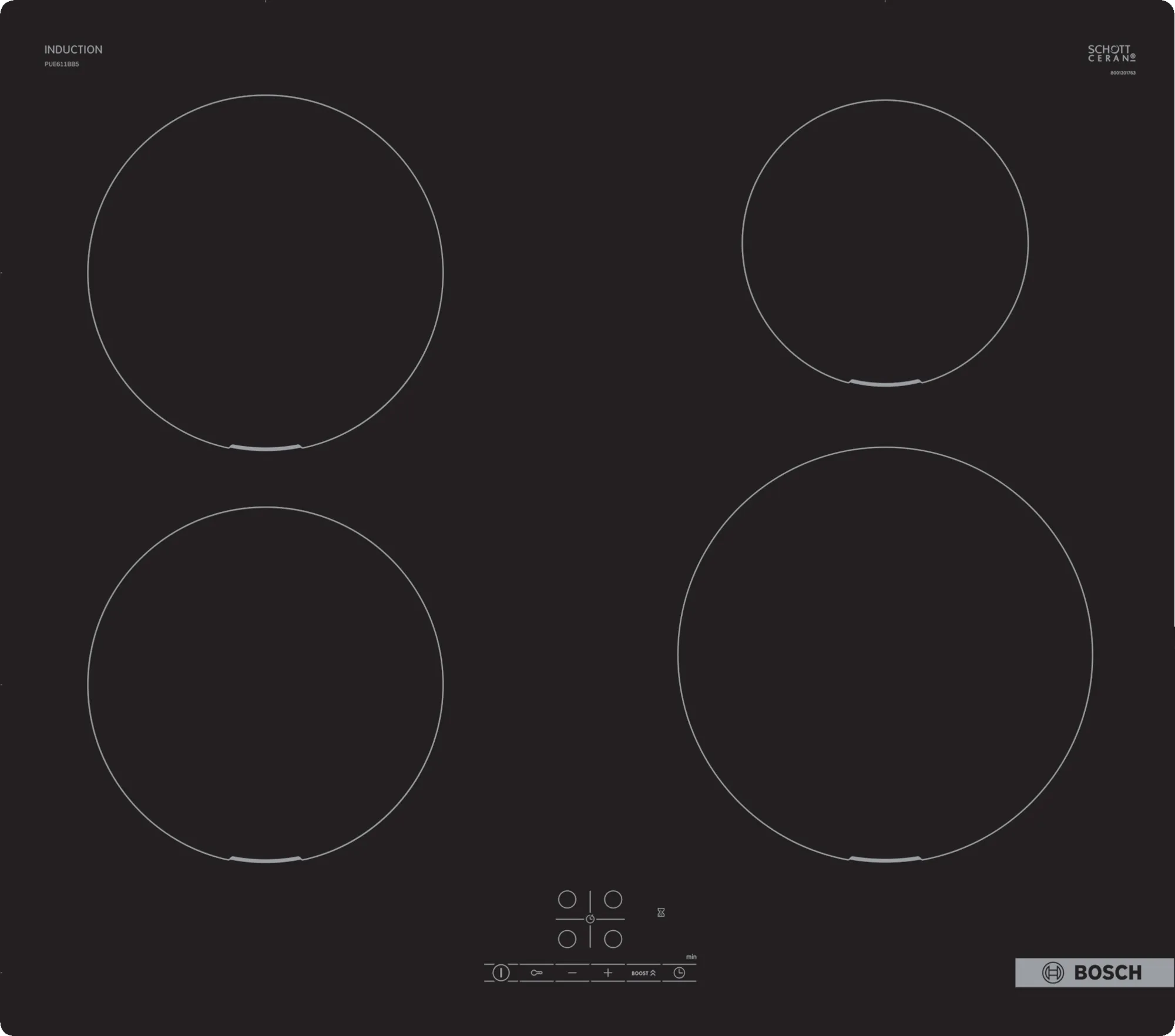 Bosch - Hob - PUE611BB5E - Induction - Number of burners/cooking zones 4 - Touch - Timer - Black