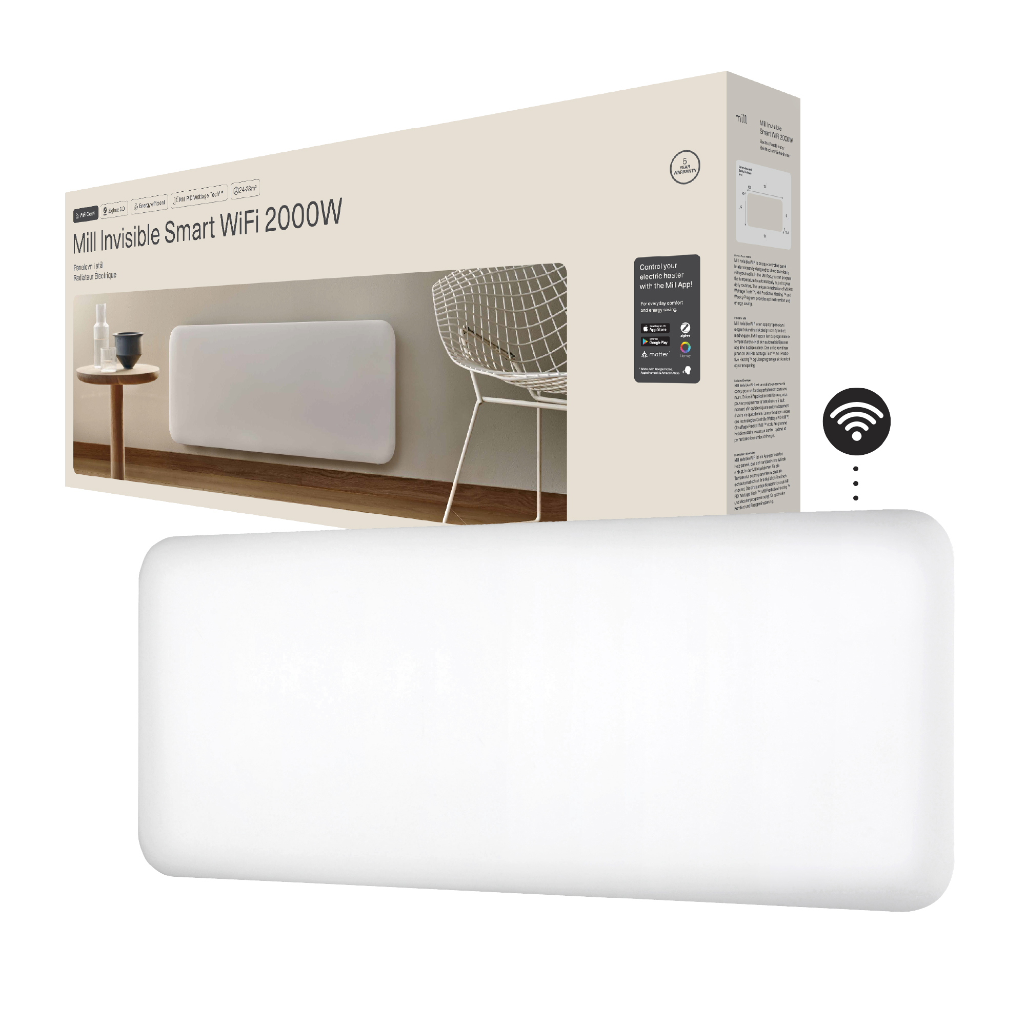 Mill Invisible Smart WiFi Heater - PA2000WIFI4 - Panel Heater - 2000 W - Suitable for rooms up to 24-28 m² - White - IPX4