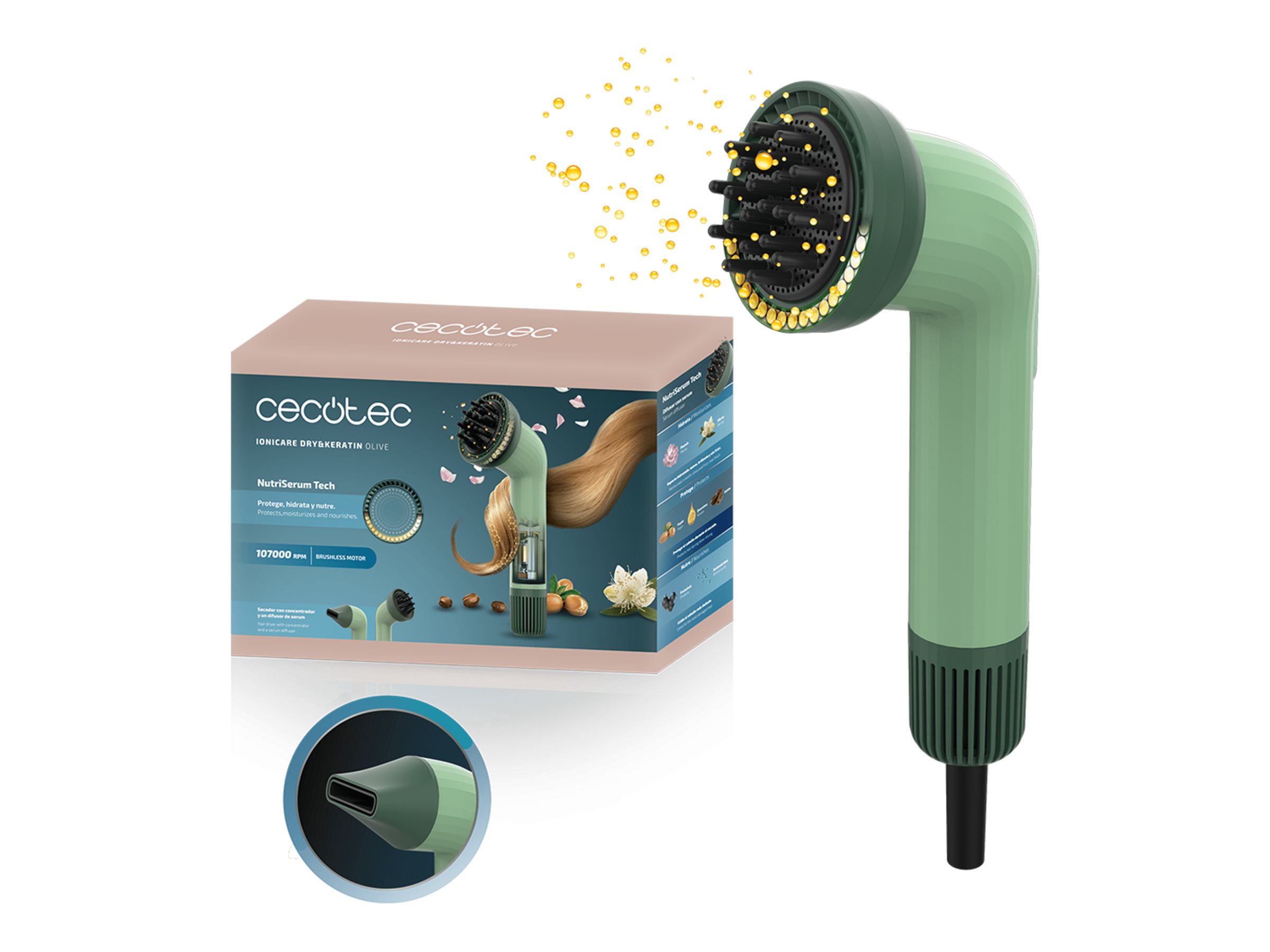 Cecotec Hair dryer - IoniCare Dry&Keratin Olive - 1200 W - Ionic function - Number of temperature settings 1 - Green