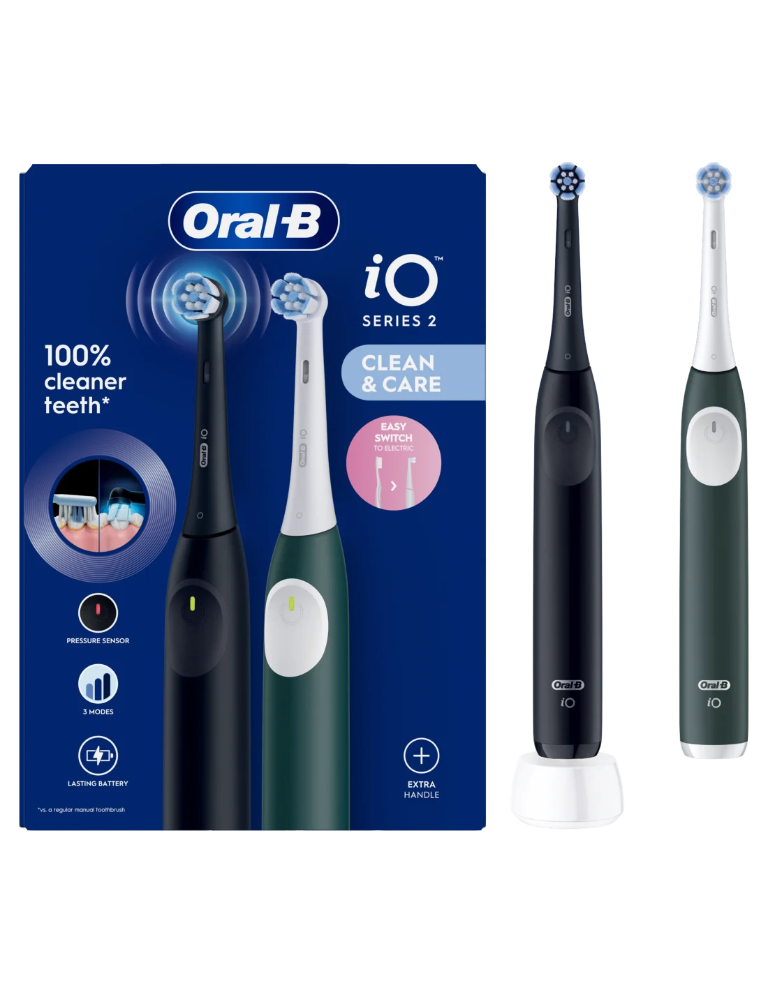 Oral-B Electric Toothbrush, Duo pack - iO2 Series - Rechargeable - For adults - Number of brush heads included 2 - Number of teeth brushing modes 3 - Night Black and Green Forest