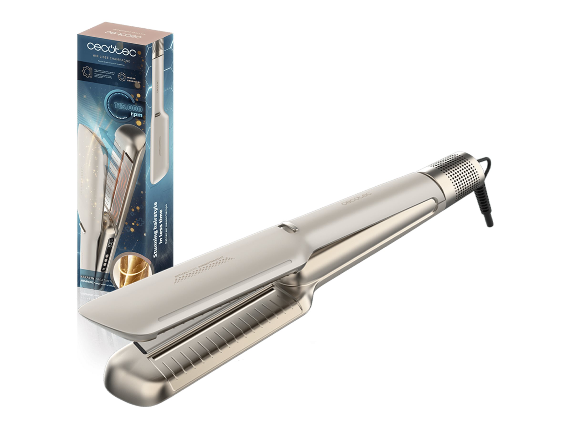 Cecotec Hair Straightener - Air Lisse Champagne - Ceramic heating system - Ionic function - Temperature (max) 230 °C - Temperature (min) 100 °C - Number of heating levels 3 - 1600 W - Champagne