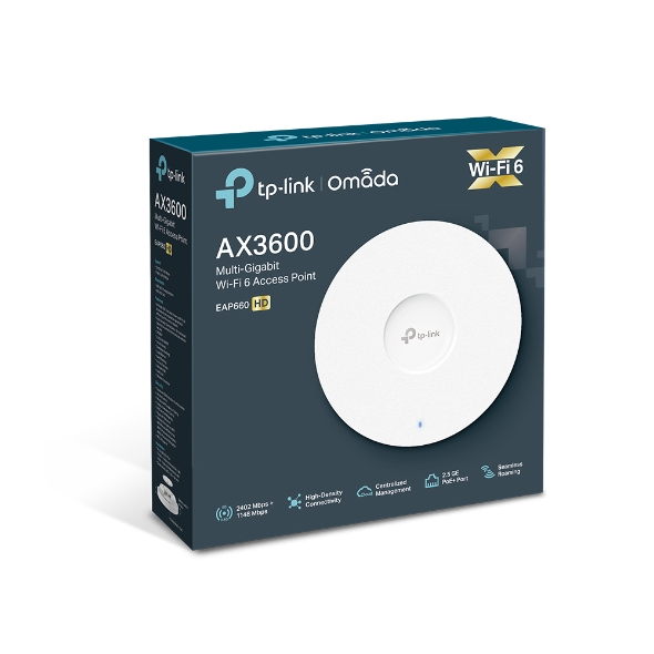 TP-LINK EAP660 HD Wireless Dual Band Ceiling Mount Access Point - TP-LINK - Wireless Dual Band Ceiling Mount Access Point - EAP660 HD - 802.11ax - 2402+1148 Mbit/s - 10/100/1000/2500 Mbit/s - Ethernet LAN (RJ-45) ports 1 - MU-MiMO Yes - PoE in - Antenna t