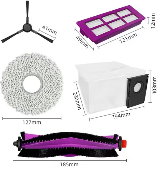 Midea V15 Spare Parts kit: 1x Side Brush, 2x Mop Pad, 1x Roller Brush, 1x Filter, 1x Dust Bag