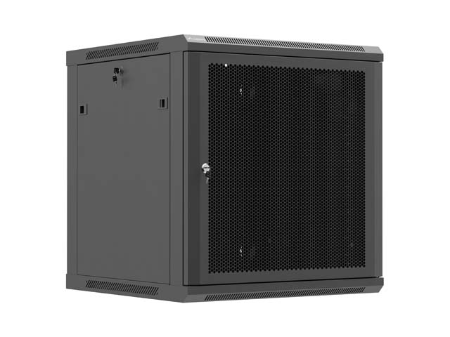 Wall mounted installation cabinet 19"12U, 600 x 600, Black perforated door (Flat pack) - Lanberg WF01-6612-23B - Lockable, vented top panel, perforated front door, single-leafed, 2 slots for fan, 1 mm thickness, 4 vertical mounting rails, grounding front 