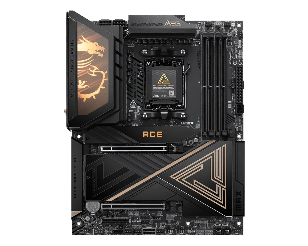 MSI MEG X870E ACE MAX - Processor family AMD - Processor socket AM5 - DDR5 - Supported hard disk drive interfaces SATA, M.2 - Number of SATA connectors 4